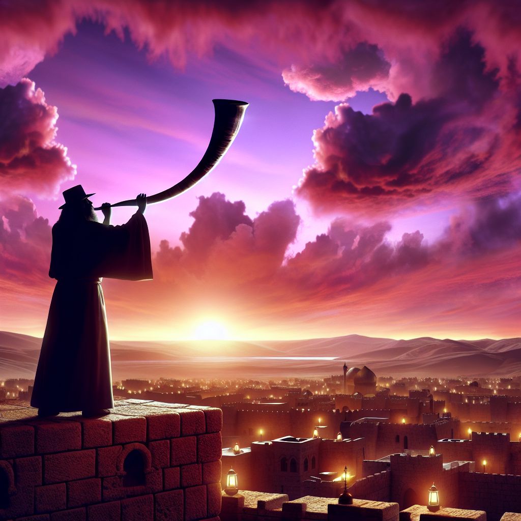 I will conjure an image through words that capture the spirit and gravity of Ezekiel's vision of the watchman.

The scene is set at the break of dawn, as the first rays of sun cast a golden glow over the ancient city of Jerusalem. The painting focuses on a lone watchman, perched atop a city wall, silhouetted against the lightening horizon. His garments are those of the Old Testament era, flowing and functional, the fabric catching the wind that comes with the promise of morning.

In his hands, he holds a shofar, an ancient Hebrew instrument made from a ram's horn, its curves symbolizing the twists and turns of life. He is captured in the moment of sounding the alarm, his cheeks bulging and eyes intense with urgency. The force of his breath flows through the shofar, and the sound it emits seems to resonate beyond the canvas, a clarion call to the people, echoing amongst the hills and valleys surrounding the city.

In the foreground, the city itself is waking, with small lanterns being extinguished one by one as the day’s light grows stronger. The homes and streets are still quiet, but there is a sense of imminent movement, a response to the watchman’s warning.

Beyond the wall, on the horizon, a vast desert landscape stretches out, and it is here, faint yet unmistakable, that the threat can be seen: a glinting sword, raised, an embodiment of a coming judgement or enemy. The sword is illustrated to be looming large, despite its distance, with a sinister aura, possibly surrounded by faint shadows of an approaching army – a visual metaphor for the peril that the watchman perceives.

Above it all, the sky transitions from the calm purples of night to the alarm of red and orange hues of dawn, symbolizing the change from peace to danger, from night to day, and from complacency to action. The clouds are arrayed as if responding to the blast of the shofar, parting or swirling in a pattern that draws the eye from the watchman to the coming danger and back again.

This image is a poignant representation of the watchman's role as described by Ezekiel – a role of vigilance, caution, and responsibility to others. It captures the essence of the prophet's message about the duty to warn, guide, and protect, and the need for the people to heed the call to action. Through the use of symbolic