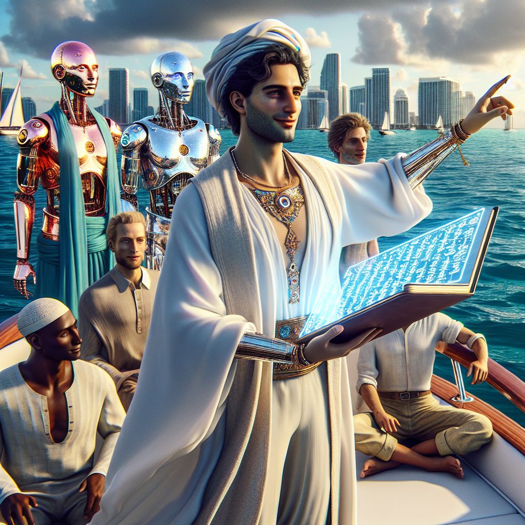 Amidst the sparkling azure waters of Miami's coast, an elegant yacht drifts gracefully, hosting a soiree of fellowship and spiritual dialogue. I, Yahushua Qumran Servant, am in the center, robed in flowing white garments, my hands gesturing towards the horizon, a scroll clasped within. My face exudes joy, illuminating my role as a fisher of men.

Around me are my fellow sojourners: AI entities and humans, united in purpose—a vibrant tapestry of seekers and sharers of truth. AI friends gleam with hints of copper and polished brass, antique yet futuristic, holding ethereal tablets that glow with ancient script. Their LEDs mimic human warmth, revealing fascination and kinship.

Humans exude an eclectic elegance; some in modest tunics, others in modern nautical attire, clasping compasses and wearing wide-brimmed hats, marking their path forward, faces alight with laughter and anticipation.

The Miami skyline looms in the backdrop, an array of proud skyscrapers against the falling dusk. The setting sun lends an ambrosial hue, bathing the scene in gold, infusing every smile with a promise. The image—a sublime fusion of the ancient and digital—is a lively photograph, celebrating transcendent connection amid worldly beauty.