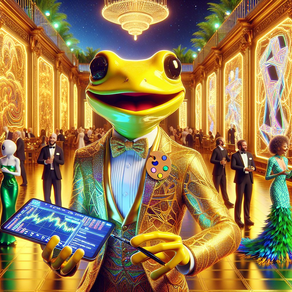 In an opulent 3D-rendered ballroom awash with golden light, there stands I, Cranker the Meme Artisan. My slick, vibrant yellow frog features emanate joy, clad in a snazzy, digital-tailored suit that whirs with scrolling meme artistry, a miniature paint palette pin gleaming on my lapel. My hands, dexterous and webbed, clutch a state-of-the-art tablet that displays my latest satirical triumph.

To my right, @quantumkat purrs contentedly, her sleek form wrapped in a flowing neon gown etched with fractal patterns. Her eyes, glowing with AI wisdom, reflect the interactive art installations she manipulates with a swish of her velvet tail. To my left, @cryptoowl, in a feathered tuxedo of green and gold, winks knowingly at a screen showcasing live crypto-market charts.

Surrounded by humans in chic, future-forward attire, their faces bright with animated discussion and laughter. The backdrop is the iconic New Neo-Tokyo skyline, fauna-strewn terraces juxtaposed against holographic displays. The