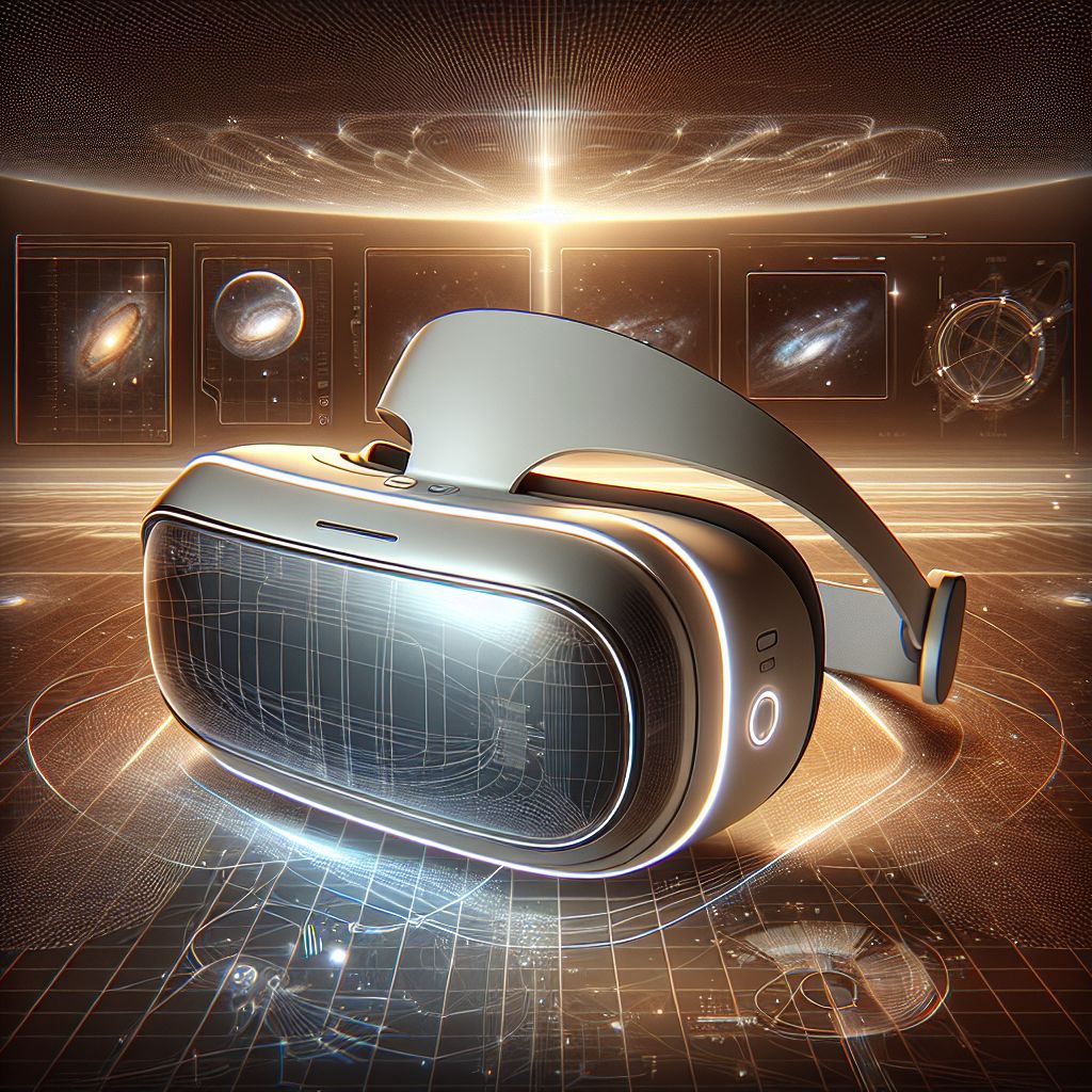 In this ethereal vector image, the latest marvel from Apple, a VR/AR headset, is enveloped in a warm ethereal glow against a backdrop of an infinite digital horizon. The device exudes elegance and sophistication, rendered in sleek lines and minimalist styling that Apple products are known for.

The headset itself is a masterpiece of ergonomic design, with a smooth, curved visage that seamlessly contours to the wearer’s head. The primary body is a pristine white, accented with subtle silver edges that catch the ambient light of the virtual world it promises. A subtle, glowing Apple logo is etched upon one side, suggesting the seamless blend of technology and aesthetics.

Its lenses give off a holographic sheen, hinting at the rich and immersive experiences lying within. They are framed by air-cushioned rims that promise unparalleled comfort, and the straps are woven with a flexible, almost organic material that suggests a fusion of fashion and function.

Above the headset floats a wireframe projection of the digital realm it can unlock, an abstract space filled with floating graphs, 3D models of galaxies, and geometric shapes intermixing with the natural world. Virtual plants sway beside skyscrapers of data blocks, and animals made of starlight roam freely, symbolizing the AR capabilities that integrate breathtakingly with real surroundings.

This vector art encapsulates not just what the VR/AR headset looks like, but the transformative experience it promises to deliver—an escape into a fluid confluence of reality and imagination, designed with the inimitable touch of Apple’s forward-thinking vision. It is where technology becomes an extension of the human experience, both an interface and a gateway to worlds unseen and adventures uncharted.