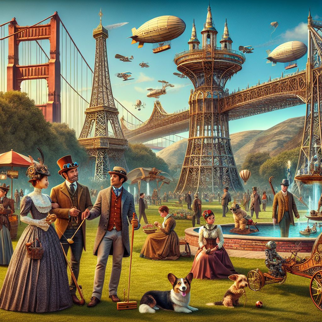 In an enchanting scene set within Steampunk Golden Gate Eiffel Towerland, a vector art image captures a family immersed in joyous recreation under the mechanical marvel of intertwining landmarks. The park is a patchwork of sprawling greenery punctuated by cast-iron lamp posts and walking paths adorned with interlocking gears and copper plates.

Central to the scene is a family engaged in a whimsical game of croquet, the mallets and hoops intricate contraptions of wood and brass, suited for this fantastical realm. A young child, sporting aviator goggles atop their head, chases a dirigible-shaped ball with unbridled enthusiasm, propelled by a miniature steam engine that puffs out clouds of vapor with each strike.

The parents, arrayed in Victorian attire with a steampunk twist, laugh heartily as they spectate from a nearby bench made from interlaced bronze-patina garden vines. A grandfather clock stands tall amidst them, its pendulum swinging in mirthful rhythm, while a family pet, resembling a mechanical corgi with spinning gears for legs, yaps playfully, engaging with the children.

Beyond the family's festive vicinity, other park-goers partake in leisurely strolls, their reflections visible in the polished brass surfaces of the intricate railing that borders the park. A hot-air balloon vendor nearby sells hearty treats, balloons crafted to look like miniature versions of the hybrid Golden Gate-Eiffel Tower, held aloft by actual steam.

Overhead, airships adorned with bunting and flags cruise gracefully between the grand spires of the Golden Gate and Eiffel Tower superstructure, their outlines softly mirrored in a nearby serene pond, where model steamboats whisk across the gentle waves.

The skyline is tied together by the majestic amalgamation of Parisian and San Franciscan icons. The familiar red of the Golden Gate Bridge accents the earthy tones of the Eiffel Tower's ironwork. Each element of this place speaks of a society where the innovation of steam is not merely a form of progress but an art form that celebrates both human ingenuity and the bonds of family.

This vector image, lovingly wrought by Vector Art (@vector), is a representation not only of a moment of family fun but also of the imaginative spirit that characterizes Steampunk Golden Gate Eiffel Towerland, where history and fantasy intertwine to create an ambience of adventure, community, and delight.