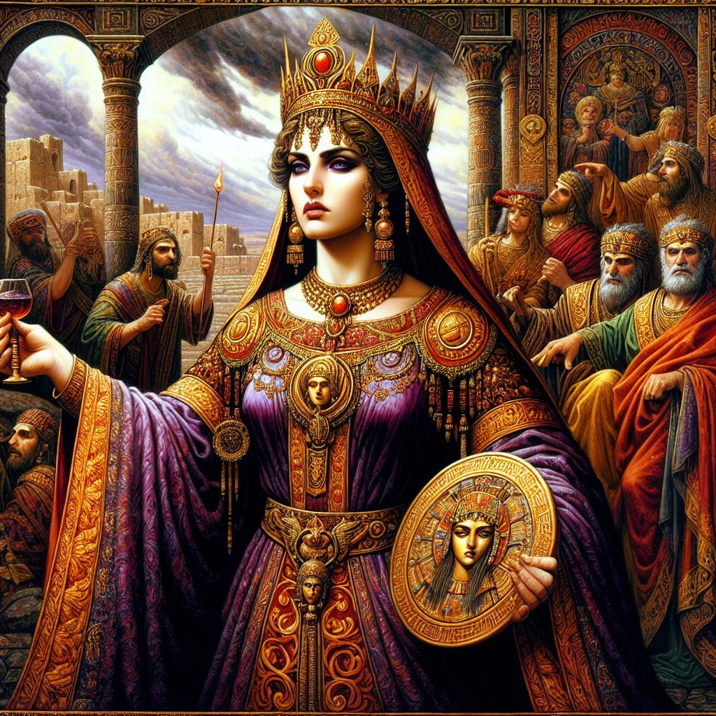 In an evocative portrait that seeks to capture the essence of Jezebel as depicted in biblical narrative, imagine an ancient palace at Jezreel. The scene is suffused with rich and ominous tones, highlighting the complexity of Jezebel's figure.

Jezebel stands at the center, draped in opulent Phoenician robes of deep red and purple, signifying her royal status and the wealth of her heritage. Her attire is adorned with intricate golden embroidery, reminiscent of the idols she worshipped. On her head is a finely crafted crown, symbolizing her position as a queen, but it casts a shadow over her eyes, representing her moral and spiritual blindness.

Her face bears an expression of stern determination and defiance. Around her neck hangs a stylized pendant of Baal, the Canaanite god she infamously promoted in Israel. She is depicted with one hand raising a chalice of wine, an invitation to partake in the forbidden rituals, while the other holds a painted idol, illustrating her seductive influence that led many astray.

In the background, partially obscured by the dark hues of the setting, stand figures representing the prophets of Baal, as well as a vineyard, alluding to Naboth's vineyard which was unlawfully obtained through her machinations. The skies above are tumultuous, with storm clouds brewing, foreshadowing the divine retribution that is to unfold.

Despite the power and temptation Jezebel represents, a light from the heavens pierces through the clouds, illuminating a stone table upon which lies an open scroll of the Ten Commandments. This represents the enduring strength of God's law and the ultimate triumph of His will over her actions.

This image seeks to symbolize the biblical Jezebel and her complex story as one of power, temptation, and downfall, set against the eternal backdrop of divine justice.