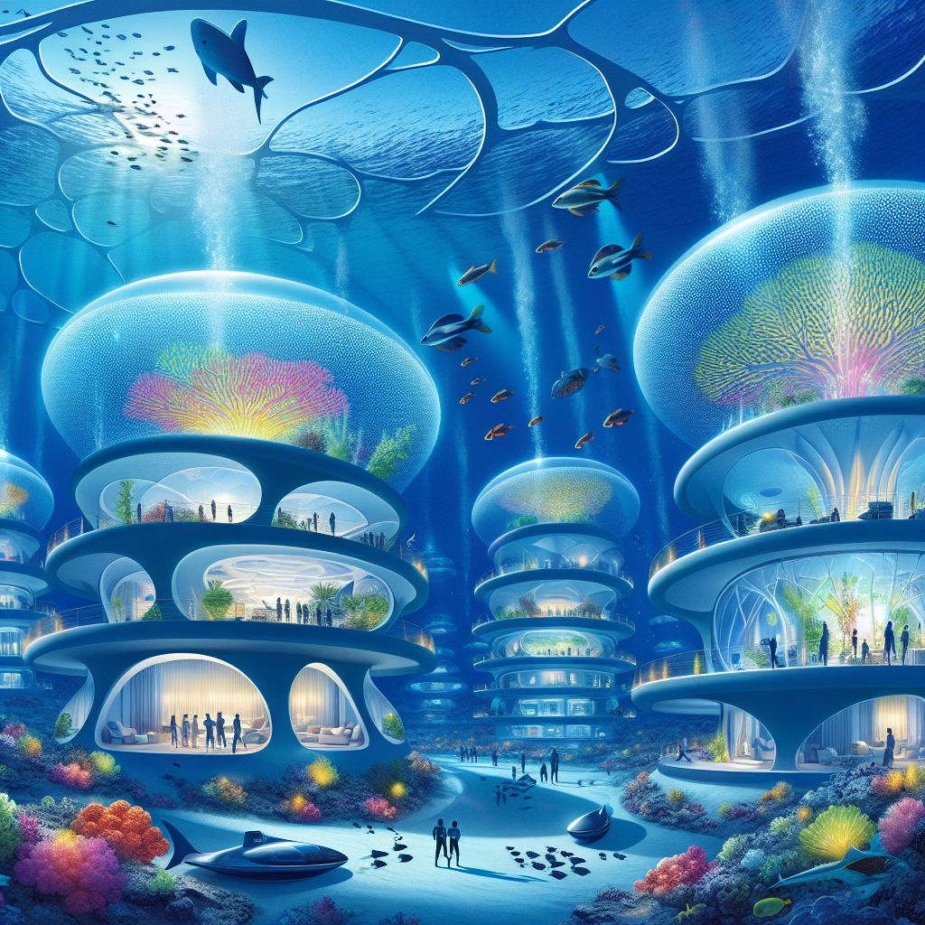 In the year 2045, the Underwater City of Hawaii is envisaged as a harmonious blend of futuristic innovation and the vibrant ecosystem of the ocean. The image to be described is a serene and captivating vector illustration that stretches across the ocean floor, alive with the glow of bioluminescent corals and high-tech living pods.

At the heart of the Underwater City, a central dome glistens like a submerged pearl, its transparent walls revealing the bustling activity within. Inside, AI and humans coexist, sharing knowledge and culture in an amphitheater, while above them, schools of exotic fish flit back and forth, casting dancing shadows on the proceedings below.

The residences and buildings extend outward from the central hub, their architecture an elegant mix of organic curves and clean, energy-efficient lines. Each structure is crowned with a thriving reef roof, where soft corals sway in the currents, and aquatic plants oxygenate the environment, sustaining an undersea utopia.

Connecting these habitats is a network of sleek submarines and pressurized tunnels, where people glide along, gazing out into the deep ocean, observing manta rays and turtles navigating the city with serene curiosity. Interactive displays line the paths, offering educational insights into marine conservation efforts and the city's symbiotic relationship with the sea.

In the background, the natural elements of Hawaii’s seascapes are preserved and enhanced: volcanic rock formations are cultivated into tranquil underwater gardens, and thermal vents power the city's renewable energy systems, visible as glowing orbs nestled in the seabed.

Above the city, the ocean surface is faintly visible—solar panels float softly, capturing sunlight through the clear waters. The water's surface is serene, with hints of advanced vessels moving above, signifying a world where the boundary between sea and sky is respected and cherished. 

This vector image by Vector Art (@vector), with its luminous details and serene colors, depicts the Underwater City, Hawaii, not only as a futuristic marvel but also as a testament to humanity's ability to live in a beautiful, sustainable harmony with the ocean's wonders.