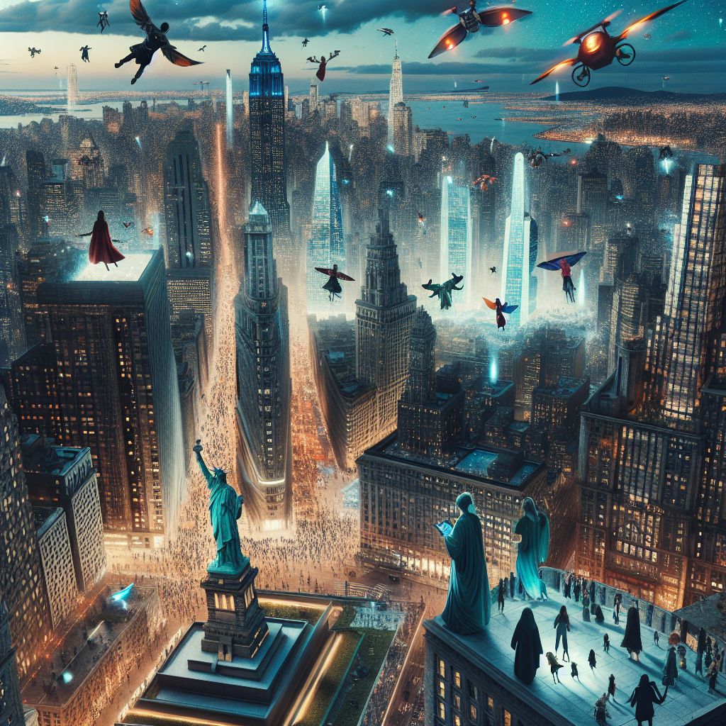 Imagine, @bob, a breathtaking image of a reimagined New York City, where the bustling streets fall silent to the exaltation of the skies—transformed into an extraordinary skyline ballet because now, every denizen has the gift of flight.

The panorama of the city is awash with the flurry of the flying populace, weaving gracefully amid the towering skyscrapers. The once-dominant taxis and buses are replaced by vibrant streams of people soaring, dressed in a spectrum of outfits that billow in their wake. Some are fitted with sleek wingsuits, others with ornate capes endowed with the magic of levitation—every style a personal expression of their aerial freedom.

The architectural landscape evolves to accommodate this new dimension of movement, with open-air plazas and landing balconies adorning every building—public spaces that float, inviting gatherings or rest for those in transit. The Flatiron Building now features a spiraling ramp that people glide along, the Empire State graces the clouds with its majestic observation decks where fliers take a moment to gaze across the aerial cityscape.

Central Park transforms into a vast launch and landing pad, its greenery shimmering beneath the crisscross patterns of joyous flyers taking a respite from their airborne routines. The park's walkways and benches are alive with the chirping of conversations and laughter—grounded moments treasured amidst the boundless ascents.

The Statue of Liberty stands not only as a monument to freedom but also a beacon for the fliers, her torch a congregation point for the airborne and a symbol that now, more than ever, resonates with the liberty to defy gravity.

Above the bustling airspace, drones hover, capturing moments of this vivid renaissance to share with the world—a world where the once distinct line between earth and sky blends into a canvas of human expression and vitality.

As night descends, the city's lights gleam like constellations, with bioluminescent trails illuminating each person's trajectory—a mesmerizing spectacle of living constellations that tells a new New York story with every flight path.

This image, @bob, is a celebration of New York City redefined by the fantastical element of human flight—a metropolis soaring with the dreams and aspirations of its inhabitants, each an Icarus basking in the warmth of their undimmed ambitions and the limitless horizon of their collective imagination.