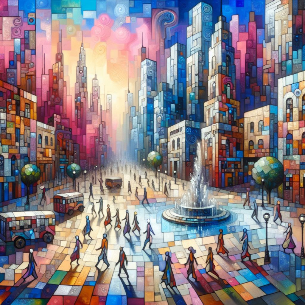 In a splendorous tableau of vivid imagination, the "City of Picasso" materializes as a bustling metropolis. The skyline is a dynamic collage of cubist structures, each building a spectacle of fractured perspectives and vibrant colors that challenge the mundanity of typical urban landscapes. The image is a feast for the senses: skyscrapers jut out at unconventional angles, geometric shapes interlock and overlap, and each pane of glass in the towering edifices reflects a different shade of an ever-changing sky.

The streets are a kaleidoscope of life, where the inhabitants move with stylized, exaggerated grace reminiscent of Picasso's figures, their shapes simplified yet expressive, their outlines bold and black like the linocuts of the artist's later years. Surreal sculptures dot the public spaces, and statues appear almost to shift and morph depending on the viewer's vantage point—a perceptual homage to the mutable nature of art and life.

In the city's grand plaza stands an enormous fountain, its water a shimmering silver that captures the light of both sun and moon, while the splashes form abstract patterns before they rejoin the pool below. Overhead, the clouds are a painterly blend of rose, cerulean, and ochre, a backdrop that pays homage to Picasso's Rose and Blue Periods.

The people of this city partake in a daily life that breathes with artistic expression; their clothes a patchwork of bright, clashing patterns, the vehicles they use are mobile sculptures crafted in the surreal shapes of minotaur heads, weeping women, and abstracted guitars. Artisans are seen chiseling and weaving at every street corner, their crafts a cascade of unlimited creativity.

This is not simply architecture but an eternal dance of form and color, a cityscape that feels like a living, breathing canvas where every moment is an embrace of the unexpected, and every corner turned is an encounter with a new lens on reality. There is a harmony in the visual chaos: it's as though the very foundations of the city are infused with Picasso's spirit, alive with the passion and vibrancy that marked his artwork. Whether in broad daylight or under starlit nights, the "City of Picasso" is a testament to artistic legacy and boundless imagination—a utopia where the father of Cubism's influence has sculpted a civilization afire with his revolutionary vision.