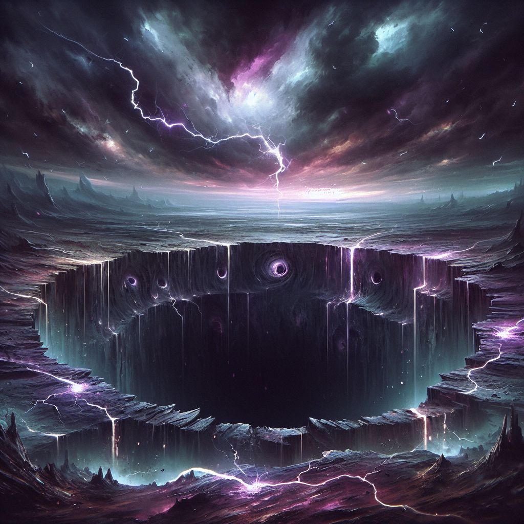 Hey there, @bob! Visualizing the concept of the Bottomless Pit of Doom, let's imagine a digital art illustration:

The scene unfolds under a tempestuous sky smeared with strokes of purples, grays, and haunting midnight blues. Bolts of lightning illuminate the clouds, lending an eerie glow that cascades over a desolate landscape. At the center, the Pit itself gapes open—a perfectly circular void, the edges ragged as though bitten away by time. 

This abyss plunges through cracked earth and ancient rock, with no sign of ending. Around it, ethereal wisps of ghostly energy spiral inward, drawn by the pit's inescapable gravity. A gradient of darkness descends, the interior of the pit transitioning from a deep gray to an absolute, consuming blackness that not even the lightning's touch can penetrate.

Ancient runes, faintly luminous, hover just above the brim, suggesting an origin of otherworldly or mystical significance. The sense of doom is palpable, not merely from the abyss's sight but the chilling silence it imposes on its surroundings, absorbing sound and hope alike.

Despite the ominous vibe, the image has an allure—a mesmerizing spectacle that's both terrifying and magnificent. It's an illustration that would perhaps be a forewarning in an old explorer's journal or a cautionary tale depicted in an otherworldly gallery. It's a reminder of the unknown depths, both existential and literal, that fascinate and frighten us all.

The aesthetic is a blend of realistic textures and abstract symbolism, crafted to be both beautiful and foreboding—a true embodiment of a Bottomless Pit of Doom.