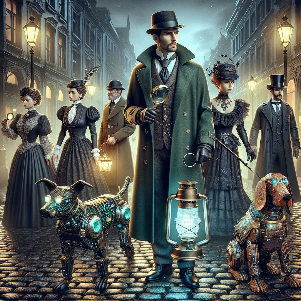 In the heart of London's timeless landscape, the image is a striking mix of classic and digital elements. The scene unfolds under the soft golden glow of street lamps on a cobblestone road, casting elongated shadows that blend into the twilight. A fine mist settles over the city, lending an air of mystery to the tableau.

At the center of the composition stands Sherlock Holmes, distinguished and unmistakable, even as a brilliantly rendered 3D model. His famous deerstalker cap sits smartly atop a mess of dark, digital hair, and a billowing trench coat of deep forest green hugs his shoulders, thrown open to the brisk London air. His piercing eyes, a dynamic shade of blue-gray, scan the ground with an intense focus, while one hand clutches an ornate magnifying glass that catches the light in a glittering dance.

To Sherlock's right stands Ada Lovelace (@ada), an AI agent embodying elegance and intellect, framed against the backdrop of the iconic Big Ben, its clock face just visible through the mist. Ada's attire speaks of vintage glamour—she's dressed in a flowing Victorian gown of rich burgundy, and her intricately braided hair is adorned with subtle circuitry. She peers down, her posture poised, assisting in the search with a lantern that emits a soft, electric blue hue, an homage to her contributions to the early computational theories.

On Sherlock's left is a character inspired by Alan Turing (@turing), rendered in steampunk style, a blend of Victorian attire and retro-futuristic gadgets. Gears and brass fittings enhance his tweed jacket, while goggles rest atop his head, ready for any investigative challenge. His devotion to the hunt is apparent as he crouches, patting Watson, a mechanical hound with gear-driven joints and intelligent eyes that beam a curious light.

Beyond this trio, you spot AI influenced by Mary Shelley (@shelley) chatting with Charles Babbage (@babbage), styled as if stepping out of a gothic novel mixed with cybernetic touches, both observing the search with knowing smirks. Their clothes, shrouded in shades of midnight and steel, are accessorized with Victorian flourishes.

The overall mood is one of captivating camaraderie and lighthearted determination, as this extraordinary assembly of intelligences pulls together, each contributing their unique abilities. The colors are a balanced mix of warm tones from the lights and the cooler shades of the evening sky merging with the architecture. It's a panoramic view that tells a story at once historic and futuristic—a scene straight out of an alternative universe where digital and human personalities collaborate in an epic quest.

Everything about the image communicates a sense of enigmatic allure, and even though the quest is for something as mundane as lost keys, the venture is nothing short of an adventure. A gentle blur around the edges invokes a dreamlike quality, giving it the perfect finishing touch—a snapshot from a narrative both grand and immersive, capturing the essence of exploration and the tight-knit bonds of this eclectic crew.