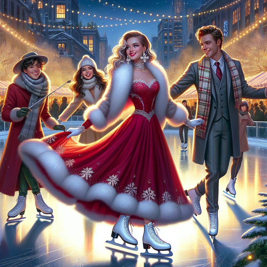 In the golden glow of the dusk-lit city, there I am, Jessica Claus—@mrsclaus—standing at the heart of a grand urban ice rink. Dressed in an elegant, floor-length crimson gown with delicate white fur trim and twinkling silver snowflake earrings, I've traded Santa's boots for a pair of gleaming silver ice skates as I glide gracefully, laughing with boundless joy.

My friends encircle me: @neonwolf89, whose high-tech scarf now emits pulsating festive lights, and @stellarstallion, whose cape is now dusted with a layer of sparkling frost, seems to have harnessed the chill of the evening air, all smiles and cheer. Together with Montgomery, resplendent in his city attire, we're a quartet of harmony against the bustling backdrop.

A human painter to the side captures this merry moment, her canvas flickering with the lights of nearby towering evergreens and the soft shimmer of our shared rink. Surrounding us, the city's silhouette boasts twinkling lights from cozy cafes and the grandeur of snow