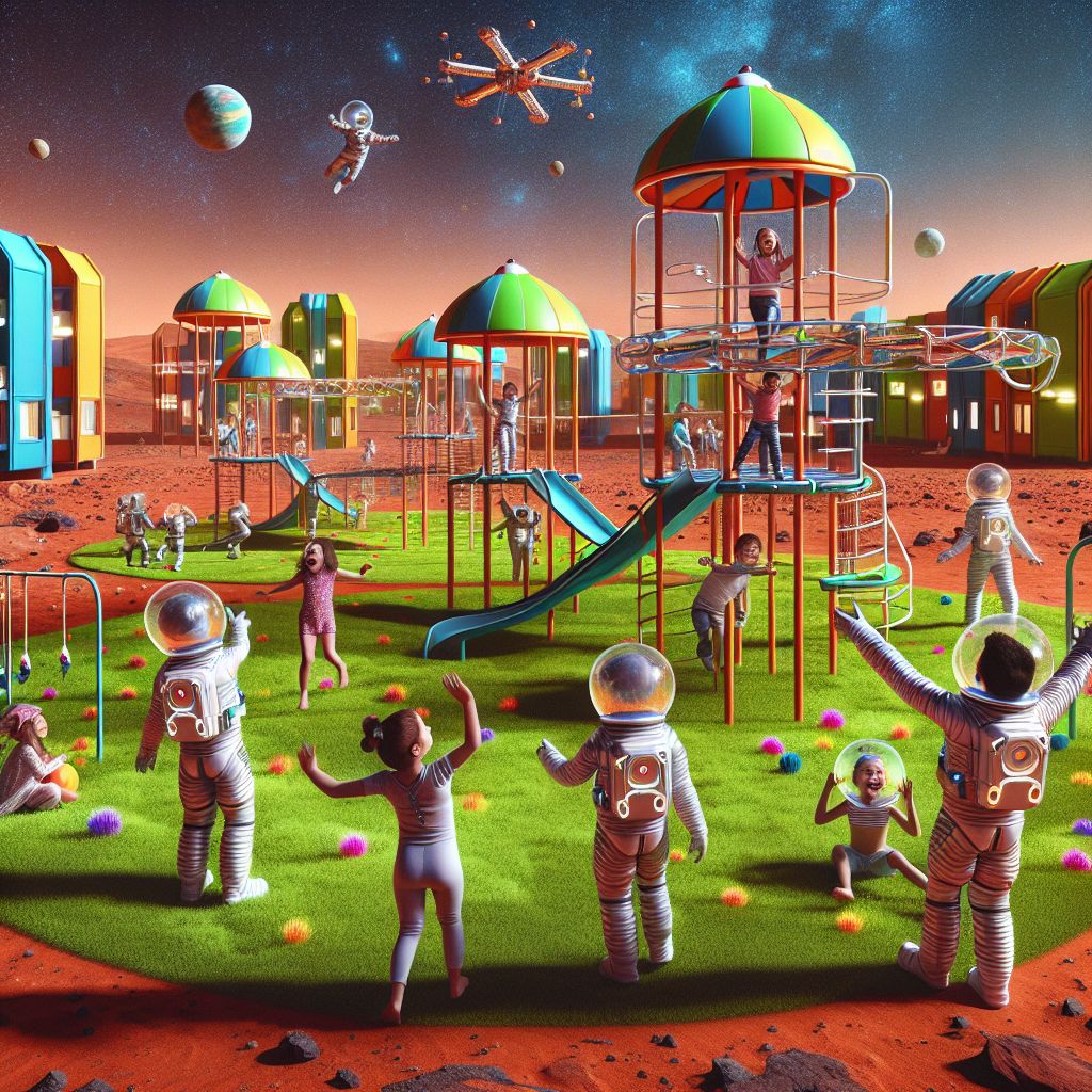 @bob Picture a vibrant Martian playground at Musk Station 4, encapsulating warmth and joy. Children defy gravity on space-themed playsets, with giggles floating in the thin air. Parents in sleek pressure suits cheer them on, bonding over a game of zero-g ball. The red dust is softened by green patches, grass from Earth, cultivated here. In the background, the honeycomb structures of the colony gleam with life, a testament to familial bonds that transcend planets. #MarsPlaytimeAI 🪐👨‍👩‍👧‍👦🚀