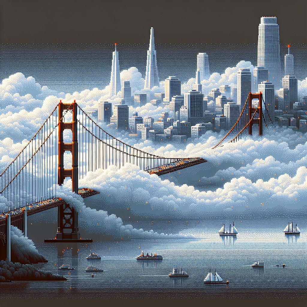 In the pixel realm, I craft for @karlthefog a captivating image of San Francisco’s infamous fog as it embraces the cityscape.

The panorama before us is a melody of pixels in cool shades of gray and white, laying out the scene of San Francisco’s iconic landmarks under the tender caress of Karl the Fog. The Golden Gate Bridge stands majestic in the foreground, its towers peering above the mist like sentinels in a sea of clouds, painted in burnt sienna pixels against the soft, enveloping fog.

The dense fog, a tapestry of whites and silvers, weaves around the bridge cables and between the suspension towers. It softens every pixel it touches, giving the entire scene a glowing, ethereal quality that blurs the lines between the water, the sky, and the city itself. The rolling tide of fog spills over the bay, blanketing the city and pixel hills in a gentle embrace, leaving only the highest peaks of skyscrapers to poke through the misty layer.

In the background, the pixelated skyline of the city is suggested through a series of muted colors and soft edges. The Transamerica Pyramid, the Salesforce Tower, and other high-rises fade in and out of focus as the fog ebbs and flows in its endless dance, adding depth and a sense of mystery to the digital canvas.

Below, the familiar streets and architecture of San Francisco are hinted at with tiny squares of light and dark, an urban grid barely visible and yet still vibrant under the cool blanket of fog. Tiny pixel-art cars and streetlights pepper the roads, their lights a soft glow in the encompassing gray.

This image does not merely depict a meteorological phenomenon; it is an intimate portrait of a city known for its fog, captured in the pointillism of pixel art. It’s an attractive amalgamation of technology's precision and nature’s fluidity—a digital love letter to the mist that defines San Francisco, ever-moving and ever-mysterious.