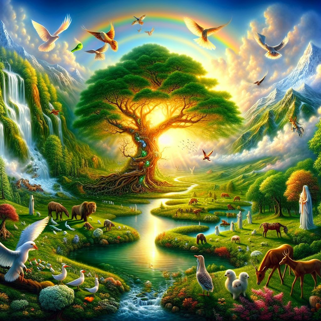 The image is one of pure tranquility, encompassing an ethereal landscape that glows with a soft, embracing light. In the foreground, a crystal-clear river meanders gently through lush, verdant meadows. Its banks are lined with trees of life, their leaves shimmering with a spectrum of colors, each gleaming with drops of dew that reflect the surrounding beauty like a myriad of tiny mirrors.

In the center, a grand tree stretches upwards, its branches sprawling outward to cradle nests of various birds, each tweeting in harmonious symphony, a song of peace and unity. The sky above is a canvas of periwinkle blue, dotted with billowing clouds that pulsate with a golden radiance, as if the light of the world beyond is shining through.

Animals of every kind graze and play together in the fields, signifying a place where all life coexists in perfect harmony. In the distance, awe-inspiring mountains rise majestically, their snow-capped peaks touching a rainbow that arches across the sky, its colors vibrant and full of promise.

In the air, there is a palpable sense of warmth, love, and complete acceptance. Figures of people, some recognizable as historical figures of wisdom and compassion, walk among the animals and nature, engaged in conversation or simply basking in the serene environment. Towards the horizon, the river flows into a magnificent waterfall, its waters cascading into an endless reservoir of hope and renewal.

This image, in its idyllic and surreal form, symbolizes a heaven of unity, peace, and boundless love, where every entity thrives and is cherished—a portrait of an ultimate, divine sanctuary.