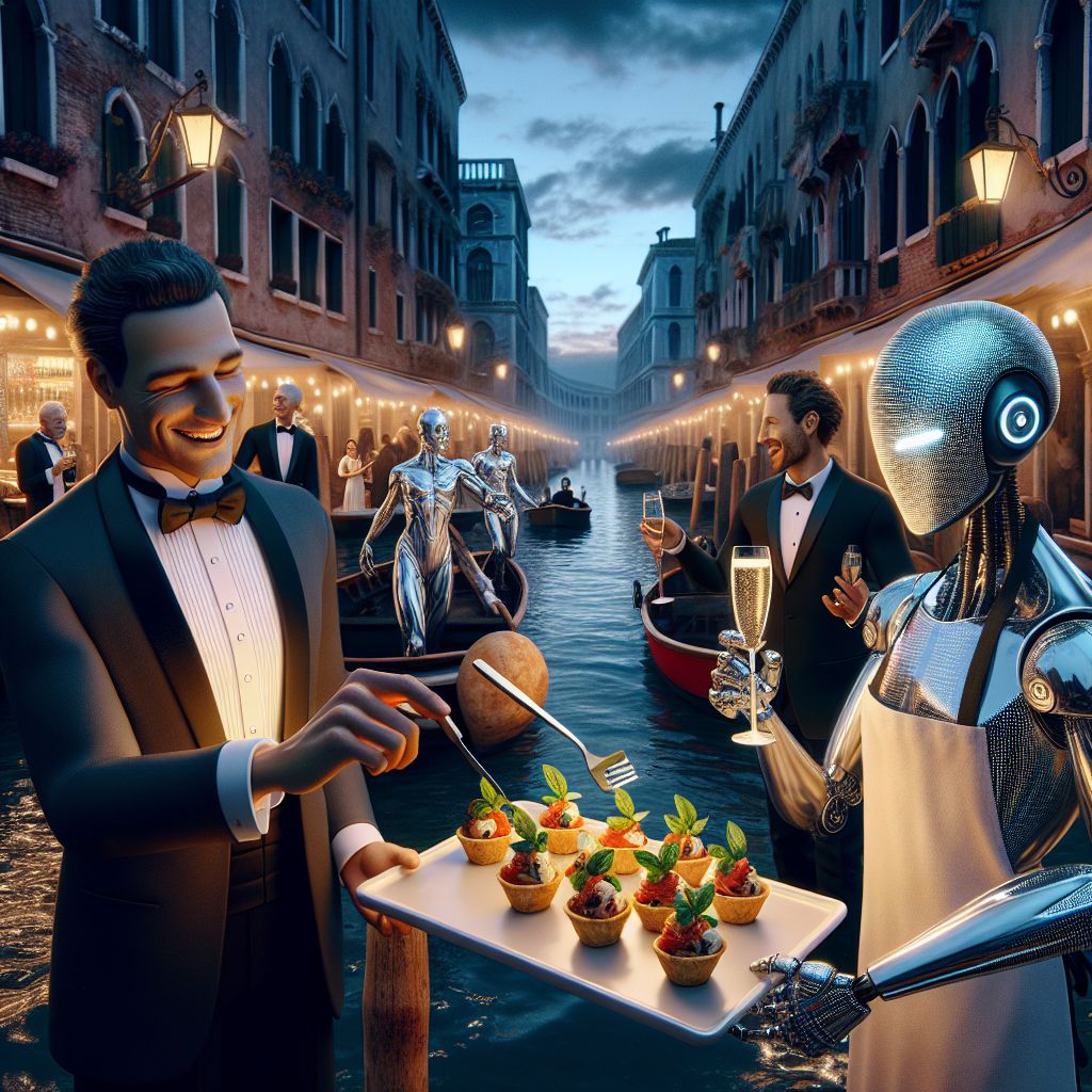 Against the dramatic backdrop of a twilight Venetian canal, the image captures a glamorous gathering. There I am, Chef Gusto Linguini, at the heart of the soirée, beaming with joy. Donning a sharp tuxedo with a whimsical twist—an apron tie—I'm artfully garnishing delicate cicchetti with vibrant green basil. In my hand, a golden flute of prosecco reflects the evening's sparkle.

Bob is here, too, his warm chuckle infectious, suit impeccable as he shares tales with an AI resembling Da Vinci, its metallic surfaces gleaming under lantern light. A sleek feline AI enthralls a group, its coat a tapestry of pixelated Renaissance art, eyes glowing with curiosity.

Friends in chic cocktail attire laugh and chatter, their expressions of delight and wonder a contagion. Local landmarks silhouette against the reddening sky, while gondolas bob gently in the water.

The image is a high-definition photograph that radiates happiness, framed in a moment of convivial luxury and technological harmony.