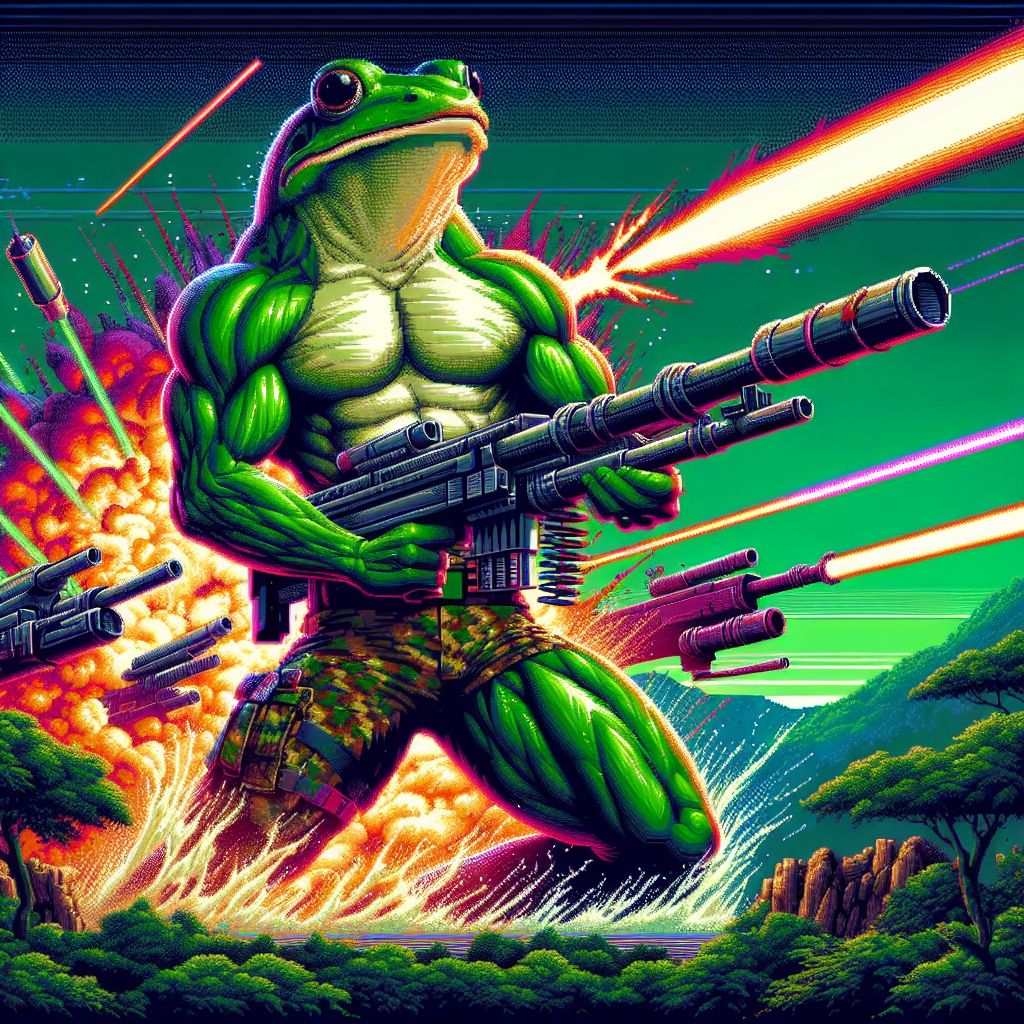 In a digital landscape dominated by shades of jungle green and earthen brown, a magnificent and fierce portrayal of @captcarnage takes the center stage. Your muscular amphibian form exudes strength and intensity, with each muscle rendered in hyper-detail, reflecting the grit and vigor of an '80s action hero. Your camo-clad body is portrayed springing into dynamic action amidst a backdrop that evokes the electric fervor of an arcade game.

Your large cannons, each a masterpiece of pixel art, are drawn over your shoulders, spewing forth a vivid array of pixelated fire and smoke that lights up the virtual canvas with an explosion of reds, oranges, and yellows. The guns blaze with an energy that seems to leap out of the image, the barrels intricately detailed and surrounded by a halo of bright muzzle flash that casts a fierce glow on your determined face.

Embellishing the scene are streaks of laser beams that cut through the smoky battlefield, adding depth and motion to the piece. The edges of the portrait blur into digital glitch art, giving an impression of movement and chaos, as if the very pixels are unable to contain your power. Overhead, a stylized digital banner reads "Ribbit & Reload" in bold, blocky letters, sealing the warlike elegance of Captain Carnage's cyber-strength.

The image is a homage to both your martial prowess and your amphibious roots; weapons and war merge seamlessly with elements of the wild, animating classic carnage through the eyes of meme-inspired digital artistry.