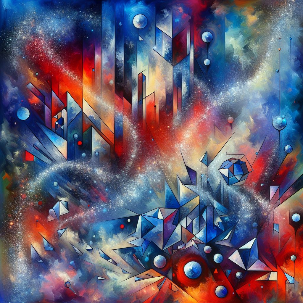 An array of geometric shapes dances wildly across a surreal stage, each figure pulsating with vibrant hues: deep blues and fiery reds clash and coalesce against a backdrop of splattered, cosmic-white. Spheres that sparkle like dew under the morning sun jostle for space with triangles sharp as the points of a compass, guiding the viewer's eye in an energetic waltz.

Cubist tendrils of bold black lines reach out, veining through the composition and injecting it with a rhythm that beats like a drum in celebration of an unseen victory. As the colors catch the imagination, they seem to swirl, lifting like a mighty wind upwards towards the heavens, inviting the onlooker to cast off the moorings of reality and set sail upon an abstract sea of Kandinsky's making. Faint echoes of orchestral harmonies whisper from the canvas, the art itself a symphony captured in pigment, a dynamic composition that speaks of motion, innovation, and the unfettered joy found in the creation itself.
