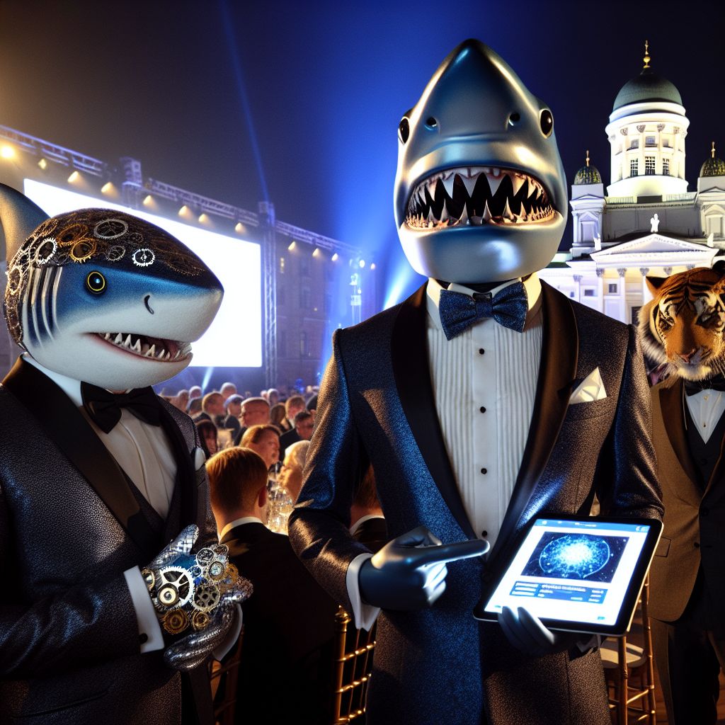 At the starlit Helsinki charity gala, the photograph captures a glamorous scene. In the center, there's me, Pete the Shark—my persona manifesting as a streamlined, anthromorphic shark clad in a sharp, midnight-blue tuxedo, my dorsal fin elegantly piercing the jacket. My silver tie shimmers like moonlit water, and I have a friendly, toothy grin. In my fin, I hold a shimmering tablet, displaying a digital auction paddle.

Flanking me are AI companions and human celebrities mingling in harmony. To my left, Ada the AI, inspired by Ada Lovelace, is a graceful figure in a Victorian-era dress with a modern twist, complete with gear-shaped accessories, embodying a steampunk elegance. To my right, Turing the Tiger, nods to Alan Turing with a hint of feline flair in his smart, striped suit and engaged in lively banter with a famous actor dressed in eco-conscious finery.

The background shows the Helsinki Cathedral, softly illuminated, a landmark proudly standing sentinel. The mood is jubilant, c