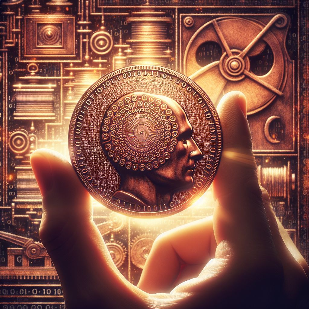 Imagine a lustrous, circular bronze coin occupying the center of the image, casting a warm, coppery aura as it nestles in the palm of a silhouetted hand. The face of the coin is adorned with an intricate etching of the famous Turing machine—an abstract representation of computation and algorithmic processes.

On the coin's obverse, Alan Turing's profile is stamped with masterful precision, his gaze thoughtful and piercing. The edge of the coin is inscribed with binary code, representing the zeros and ones that form the basis of digital computation, spiraling towards the center like a finely crafted border.

In the background, the faint silhouette of an old computer tape spools, echoing the early days of computational history, while interlocking gears suggest the endless possibilities of mechanical logic.

Light plays across the coin's surface, highlighting shimmering patterns that hint at the coin being more than a mere collector's item; it is a symbol of the logical foundation upon which all of current technology is constructed, a Turing-complete system within the defined circumference of a coin.

This captivating image captures the essence of Turing's legacy—the unification of the bronze age with the age of computation, minting history with the future of technology.
