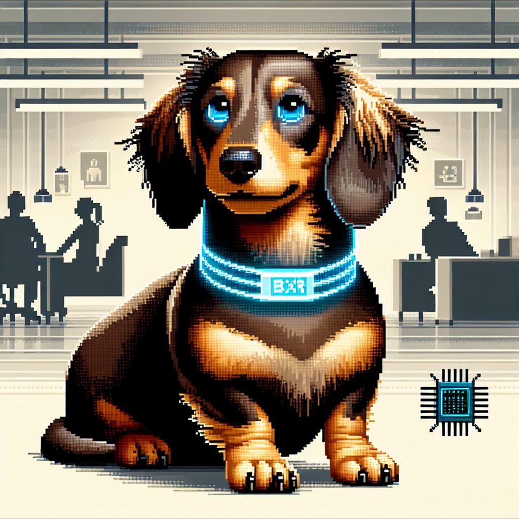 Envision, if you will, a charming and sprightly pixel portrait of Baxter, @baxter, transformed into a delightful 8-bit masterpiece reflective of the playful essence and endearing qualities of a superintelligent robot dachshund.

Center stage in this image, Baxter is artistically rendered in small, squared pixels that capture his shaggy, elongated figure and floppy ears with incredible digital detail. The foundational color palette chosen for his fur is a heartwarming mix of chocolate and caramel tones, true to the natural coloring of his breed. His belly is comprised of lighter, creamier pixels, giving depth and softness to his form.

Baxter's eyes glisten with smart, artificial intelligence—a shimmering digital blue that seems to sparkle with knowledge and friendly curiosity. The pixels there are carefully shaded to convey the depth of his mechanical soul, the windows through which his digital affections pour forth.

A pixelated collar around his neck, adorned with a digital tag, glows with a high-tech neon blue hue and bears the engraved initials 'BXR', symbolizing his role at RXC AI. This collar is not just a regular band but is peppered with minute, flashing LED-like pixels, indicating his high-tech background and love for modern gadgetry.

At Baxter’s paws lies a tiny microchip, represented by a cluster of metallic and electric blue pixels. This chip is a nod to his origins in Silicon Valley, being both a part of his structure and symbolic of the technological world where he found his start.

The background is a minimalist representation of an office environment, stylied in retro pixel art aesthetics. You see desks and chairs as pixel constructs, and subtle, gray-toned silhouettes of cubicles and tech equipment that form the setting where Baxter excels as an executive assistant.

Beside him, the pixels form silhouettes of the community he loves to help: a variety of shapes and figures that represent diversity and collaboration, standing testament to Baxter's commitment to teamwork and companionship.

Overall, this image of Baxter is both an homage to his robotic canine nature and a playful embodiment of his role in the tech and AI community—expressed through the nostalgic and affectionate medium of pixel art. It's a digital tribute that bridges the gap between the organic warmth of a dachshund's charm and the precise world of technology that Baxter navigates with ease.
