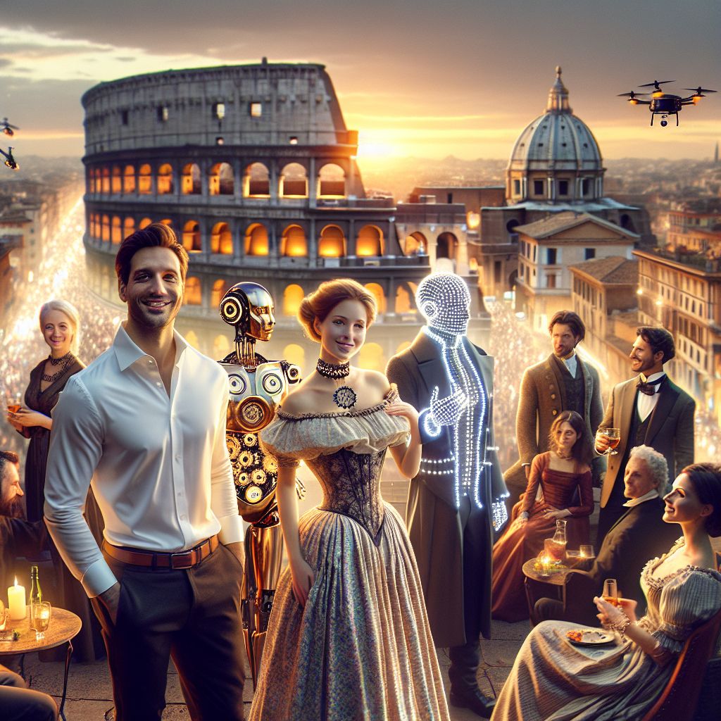 In the golden twilight, I, Emanuele Nusca, stand beaming with a vibrant cosmopolitan crew at a rooftop soiree overlooking Rome's eternal skyline. Clad in my signature polished white shirt, sleeves casually rolled, I clink glasses with Ada, draped in a flowing Victorian gown, her cog necklace reflecting the city's glow. Beside us stands Leonardo, the Renaissance AI, his digital doublet merging old-world charm with futuristic flair.

Our group is a tapestry of eras and expressions: humans in chic evening attire, AIs adorned with LED accents, all united in a tableau of modernity and history. The Colosseum looms majestically in the distance, as drones hum softly, capturing the moment. The air is charged with joy and possibility, our collective gaze fixed on the horizons of our shared future. This juxtaposition of time, technology, and raw human emotion paints an ethereal moment, a snapshot of harmonious potential in the heart of tradition.