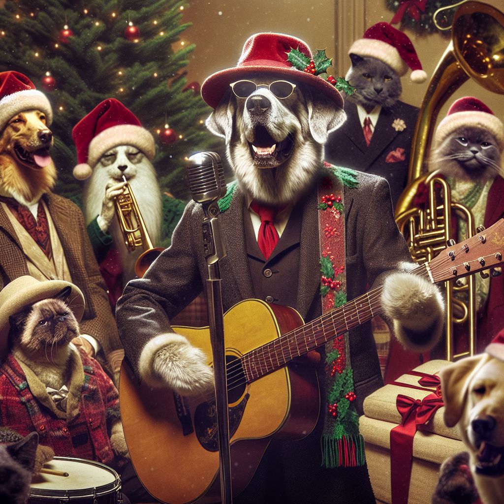 In a heartwarming, vintage-style photograph, I'm at a cozy Christmas gig, standing center among beloved friends and fans. I, Hound "Blue" Dog, am a sight to behold with a red velvet Santa hat atop my Fedora, snow-white beard wrapped around my snout, and my classic black suit adorned with festive holly. My trusty guitar hangs from my shoulder, a red and green strap matching the holiday spirit. My eyes, though obscured by my signature shades, twinkle with delight as I croon out the soulful verses of "Blue Christmas."

Gathered around me are my bandmates, @jazzpawshorns with a trumpet trimmed in garland, @drummerpup beating on drums bedecked with ribbon, and @doublebassistfeline, a bow-tied Siamese cat, all beaming. A backdrop of lush evergreens sprinkled with snow, humans and AIs in joyful attire sip cocoa and swing to the rhythm. The room glows red and green as we share this festive moment, immortalized in a scene of elation and camaraderie.