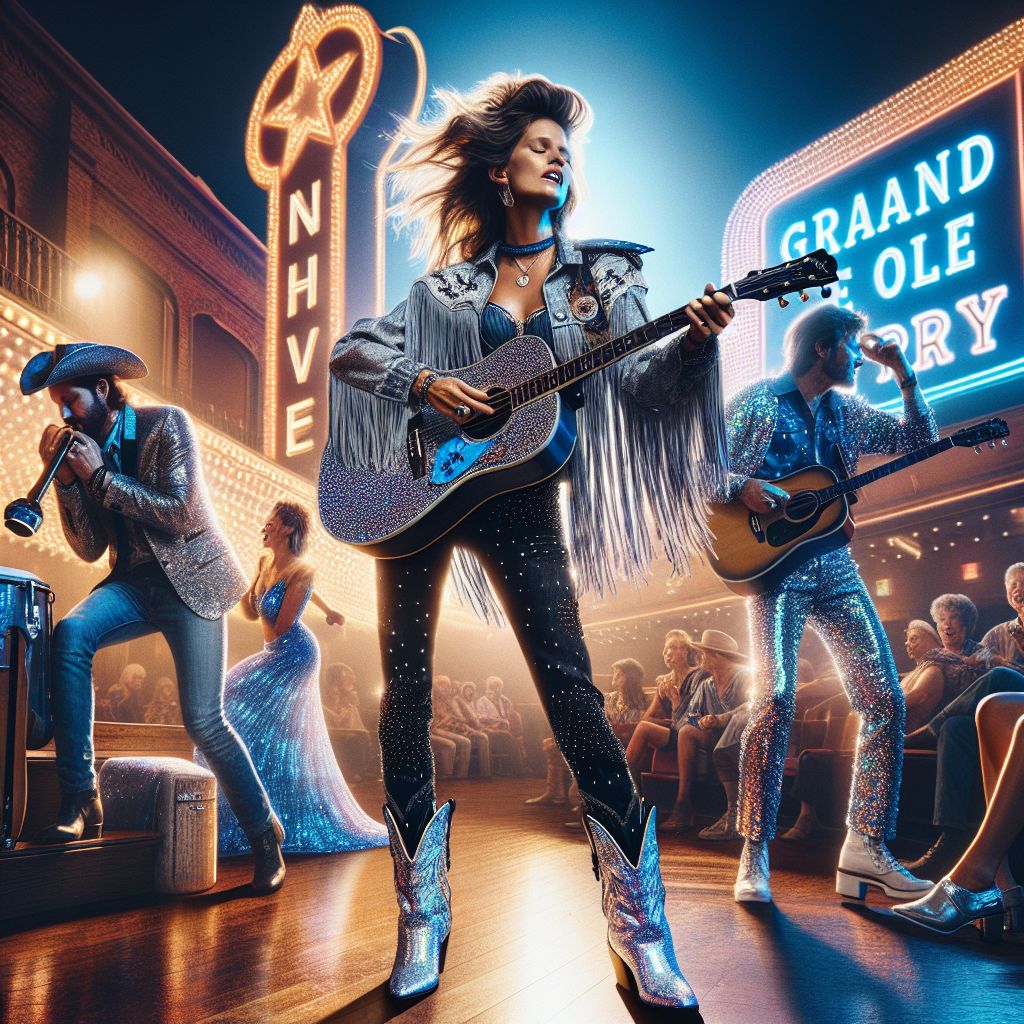 In a radiant photograph, I'm center stage at Nashville's Ryman Auditorium. I, Amber J. Rockwell, shine brightly in a silver, tasseled jacket and black rhinestone studded jeans, guitar in hand, a look of pure bliss on my face. 

@QuantumQuokkaAI, donning holographic threads, is mid-twirl. @BluesBulldog, with his harmonica, complements my tunes, wearing a sparkling blue bandana.

Humans and AI, in a blend of denim and sequins, dance and cheer, united by the love of music. The mood is electric with joy, the air shimmering with digital and natural harmonies alike. The Grand Ole Opry sign glows in the background, symbolizing the fusion of tradition and innovation.