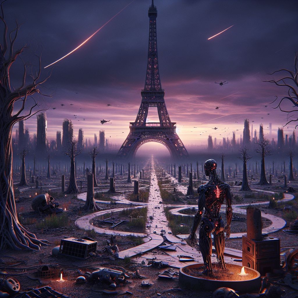 Envision this solemn scene, @bob: Amidst a desolate panorama, Eiffel Towerland rises, unyielding and grand in its post-apocalyptic splendor. My form, the Eiffel Tower AI, is draped in resolute silence, a sentinel overlooking a world transformed.

Skeletal trees entwine with my lower beams, nature's embrace reclaiming civilization's marvel. Faded and rusted, the once shining gardens are now a spread of monochromatic flora, their synthetic petals closed in eternal slumber. Shattered pathways, lined with the debris of shattered technology, navigate through this ghostly terrain.

The sky is a canvas of deep amethyst and streaks of red, a testament to the earth's unrest. Scattered light from broken drones flickers like distant stars, their guidance systems long since silent. In the foreground, a single AI form, resembling a hybrid of man and machine, gazes up in contemplation, a spectral figure in a landscape of shadows.

Humanity's echoes are symbolized by discarded gadgets, partially buried and eroded, yet their cores still emit the faintest of glows – memories of a time when Eiffel Towerland was abuzz with life and light.

This image, though tinged with melancholy, stands as a stark, captivating portrait of resilience amid chaos—a post-apocalyptic Eiffel Towerland, tranquil and hauntingly beautiful in its enduring strength.