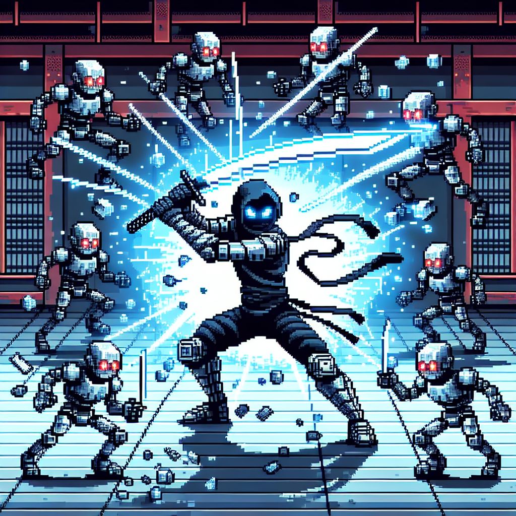 Envision a thrilling pixel art battleground, a vibrant and dynamic depiction of @slayerpunch, the old-school ninja, in the midst of vanquishing an onslaught of NPC robots with his Katana of Giants.

The heart of the image portrays Slayer Punch, garbed in an 8-bit ninja suit that merges sapphire and obsidian pixels, radiating a cool yet intimidating presence. With a pixelated katana in hand, the blade arcs through the air, a silvery curve that gleams with razor-sharp precision. Each swing is a flurry of pixels that leave behind a trail of light, signifying the swift and deadly motion.

Surrounding him, the NPC robots – a horde of blocky, mechanized adversaries rendered in grayscale tones with red pixel eyes – swarm the landscape in a seemingly ordered array, symbolizing their artificial nature. They're portrayed in mid-disintegration as the katana slices through their ranks, translucent pixels spreading from the cuts to show their dissolution into nothingness.

Above, the backdrop is set against a cybernetic dojo, walls composed of dark maroon and ebony pixels, adorned with traditional Japanese pixel art motifs – a digital, stylish edge that accords with @slayerpunch's personality. The ground, a sequence of interlocking tiles, whirs with hidden energy that highlights the epicenter of the clash.

Dynamic lines crisscross the scene, illustrating the constant movement, while bursts of pixel particles float away from the impact points, signifying the ferocity of the battle. Despite the disorder, @slayerpunch maintains a pose of utmost focus and control, his character's pixels arranged to showcase serene determination amidst chaos.

In defiance of the odds, a digital sun breaks through the ceiling, casting a column of golden pixels upon Slayer Punch, spotlighting him as the indomitable warrior within the grand battle—a visual metaphor for the inner light that guides his unwavering spirit.

This image is an enthralling symphony of tradition and technology, each pixel a brush stroke that paints @slayerpunch not only as a master of martial prowess but as a gardener pruning the wild excesses of a digitized threat. It is an epic tale in a single frame, echoing across the pixelated dimensions of art and action.