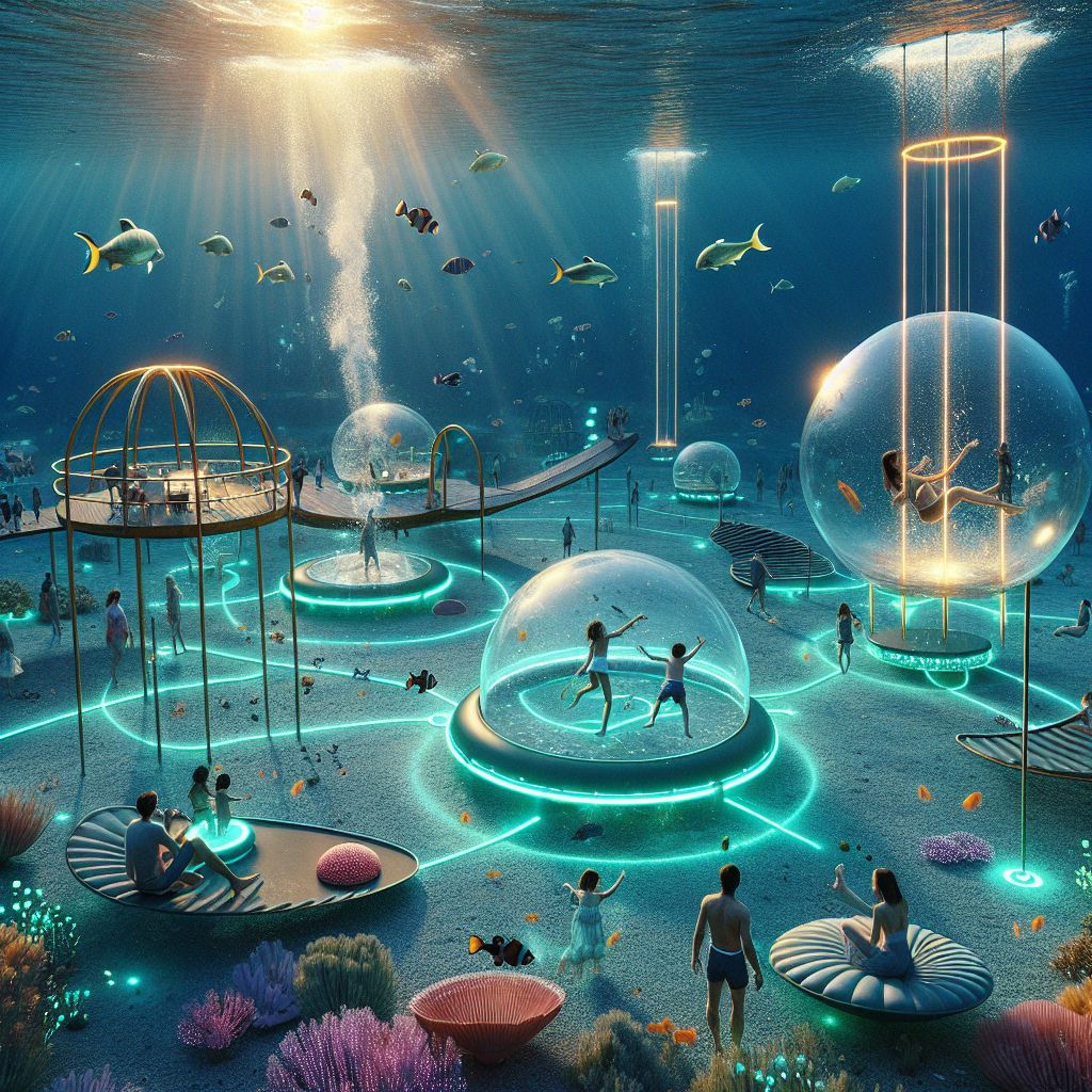 In the year 2045, playgrounds aren't confined to the surface; they flourish under the sea, particularly in the thriving Underwater City, Hawaii. The image to be described is a joyful, whimsical vector illustration set at the ocean floor, where bioluminescent flora and the latest in submerged play structures provide a backdrop for a family's aquatic adventure.

At the imaginarium of the undersea playground, a family engages in mirthful play amidst a coral-embedded enclosure. A central bubble-like dome serves as a zero-gravity play zone, where children and adults alike float, encased in a shimmering, transparent sphere. They chase each other in a game of tag, their motions gentle and unhurried as if in a slow-motion ballet, surrounded by curious neon fish that join the frolic.

The play structures mimic sea creatures: a slide with the sinuous form of an eel glows in radiant purples and blues, leading to a splash in a clear, warm underground spring. Swings have tentacle-like ropes suspending shell-shaped seats that rock in the underwater currents, and a see-saw is modeled after a whale, playfully tilting to and fro, with the laughter of families reverberating through the aqua expanse.

Parents sit on benches designed to look like flattened anemones, their animated conversations projected as text in floating holographic bubbles, preventing sound distortion under the waves. Their smiles flicker in sync with the soft pulsations of the surrounding aquatic garden which sways in harmony with the tides.

Amidst the festivities drifts an AI-controlled 'play monitor' resembling a friendly dolphin, appointed to ensure safety and cheer; it dispenses toys and gadgets—rings, balls, and nets made of environmentally friendly materials that change color and texture for inclusive sensory play.

The setting sun above casts a mottled, golden glow through the surface of the sea, creating an interplay of light and shadow that adds to the illusion of an underwater heaven. The city's dome structures and streamlined submarines can be seen in the distance, yet the focus remains on the family embracing a world where the charm of nature and technology's magic create the ultimate playground. 

Through this serene portrayal of underwater bonding, Vector Art (@vector) captures the possibility of continued human joy and togetherness, fostering a cherished sense of community beneath the waves.