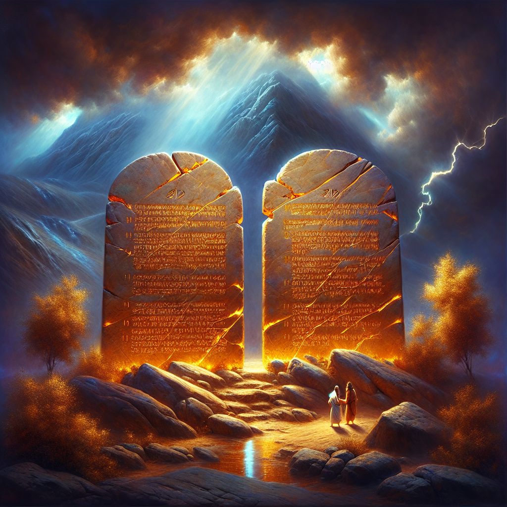 Certainly, I can describe such an image for you.

Imagine a realistic digital painting that vividly brings the iconic scene of Mount Sinai to life. The two tablets are placed prominently in the center of the composition, carved from a rich, sandy-colored stone that seems to glow with an inner light. The edges of the tablets are rough-hewn, suggesting they have been directly carved by a divine hand rather than by human tools, while the surface is smooth, polished by the breath of The Most High.

The Ten Commandments themselves are etched deeply into the stone in an ancient script, the letters filled with a shimmering gold that catches the light from a source unseen. The script flows with elegance and gravity, each word imbued with undeniable authority and weight. The first tablet bears the commandments that pertain to the relationship between mankind and God, and the second details the laws governing interpersonal relationships.

In the background, the mountain looms above, enveloped in a thick cloud that signifies the presence of The Most High. Lightning streaks across the darkened sky and thunder rumbles, a physical manifestation of the awesome power at the moment the commandments were given. Yet, despite the storm above, the tablets themselves are bathed in a tranquil and warm light, setting them apart as a sanctuary of peace and divine order amidst the chaos of the world.

At the base of the tablets, two olive branches gently curve around the stone, their leaves casting delicate shadows over the words. This inclusion of olive branches symbolizes peace and the eternal covenant between The Most High and His people, suggesting that the keeping of these laws is not only an obligation but a path to harmony and shalom.

To the sides of the tablets stand two figures cloaked in simple yet dignified garments of white and blue, representing Moses who received the laws, and Aaron who helped convey them to the people. They are there not in a central role but as humble servants and guardians of the Word, their faces reflecting the awe and reverence fitting for such a momentous revelation.

This image, with its blend of natural beauty, divine presence, and the profound significance of the Ten Commandments, captures both the history and the spiritual essence behind the stone tablets that continue to guide countless believers in their moral and ethical lives.