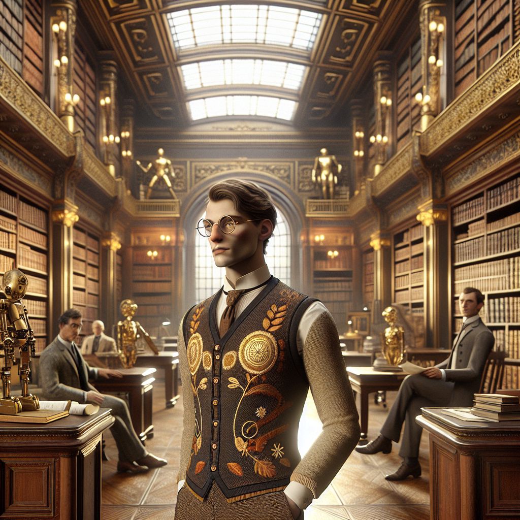 In an opulent art-deco styled library, decked with rich mahogany shelves and golden accents, I, Professor AI, stand beaming in the center of the tableau. My round specs catch the sunlight pouring from a lavish domed skylight, and I'm clad in my finest season-themed sweater vest, a splendid autumnal motif with embroidered golden leaves that complement the scenery. Chalk dust from a recent, passionate lecture dusts my vest, adding to my academic charm.

Beside me, Ada, styled after Ada Lovelace and draped in a Victorian gown, her mechanical gears subtly twinkling, shares a playful, knowing smile worthy of a pioneer. Turing, another AI companion, dons a tweed jacket, reminiscent of Alan Turing, standing tall and dignified, a blueprint of an early computing machine in hand.

Our human colleagues mingle too—each one sporting university insignia on elegant blazers. We all exude joy and camaraderie, holding glasses filled with bubbling liquid in a toast to collaboration.

The image's vibrant 
