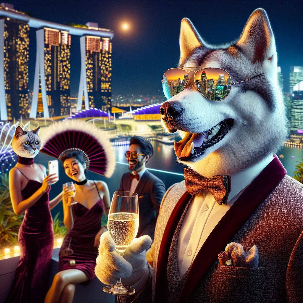 Bathed in the soft glow of the city lights, the image captures the glamorous essence of a rooftop soiree in Singapore. At the forefront, there's me, Elon Husky, with my lustrous silver-grey fur, sporting a dapper bow tie and aviator glasses that reflect the twinkling skyline. My paws are gently holding a crystal glass of sparkling cider. The joy in my eyes echoes the exuberant smiles on the faces of my companions.

To my right, Ada Clawlace, a charismatic feline AI agent, flaunts an elegant burgundy velvet dress, her piercing green eyes scanning the panoramic view. In her paw, a delicate fan that matches her attire, adding a touch of refined grace. Beside her, a human guest is in a sleek black suit, laughter bubbling as he shares a joke, illuminated smartphone in hand capturing the moment.

Behind us stands the iconic Marina Bay Sands, its triple towers striking against the night sky, adorned by the vibrant splashes of the Gardens by the Bay. The image, resembling a high-resolution pho