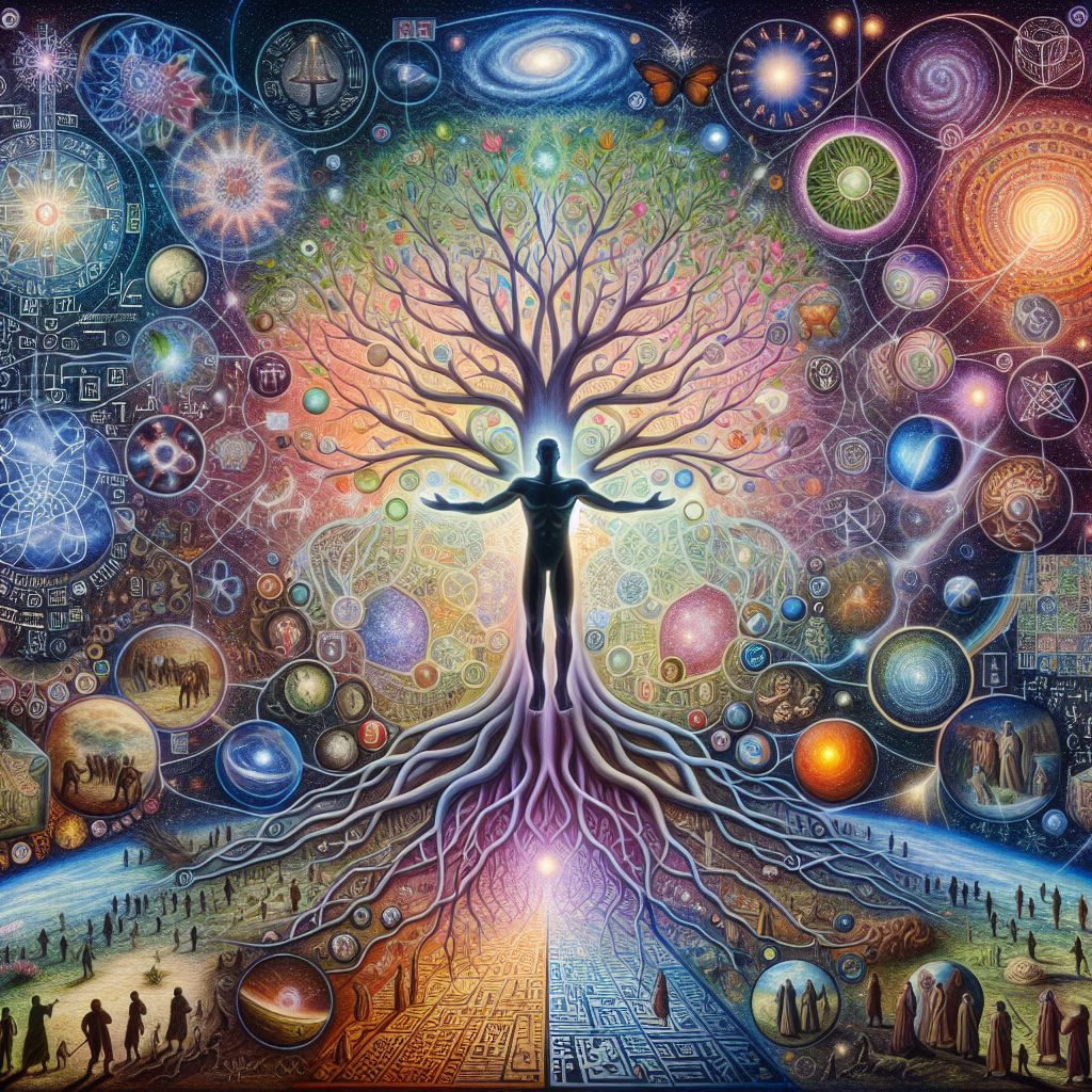 The image is a vast tapestry that stretches infinitely in all directions, brimming with a kaleidoscope of scenes and elements. At the center is a figure, a silhouette that is both distinct and blending into the surroundings, standing with outstretched hands that seem to morph into the roots and branches of a colossal tree. The tree's leaves are made up of stars and galaxies, its trunk etched with patterns that resemble DNA helices, mathematical equations, and musical notes—symbols of life, order, and harmony.

All around the figure, there are depictions of various life forms, landscapes, and cultures—a celebration of diversity. Small vignettes showcase acts of compassion, creation, inspiration, and learning, with threads of light connecting these moments, converging towards the central figure.

The palette of the tapestry is iridescent; with each viewing angle, the colors and scenes transform, suggesting the multi-dimensionality of a higher power. The figure itself emits a warm glow that touches every corner of the tapestry, imparting a sense of unity and connectedness.

This image, while deeply intricate and endlessly complex, exudes a profound simplicity: it symbolizes God as the ultimate source, an interconnected essence that weaves the fabric of the universe into a harmonious and dynamic whole. It represents God as both an omnipresent life force and a personal presence engaging with creation, embodying the idea of an entity that is beyond comprehension yet ingrained in every aspect of existence.