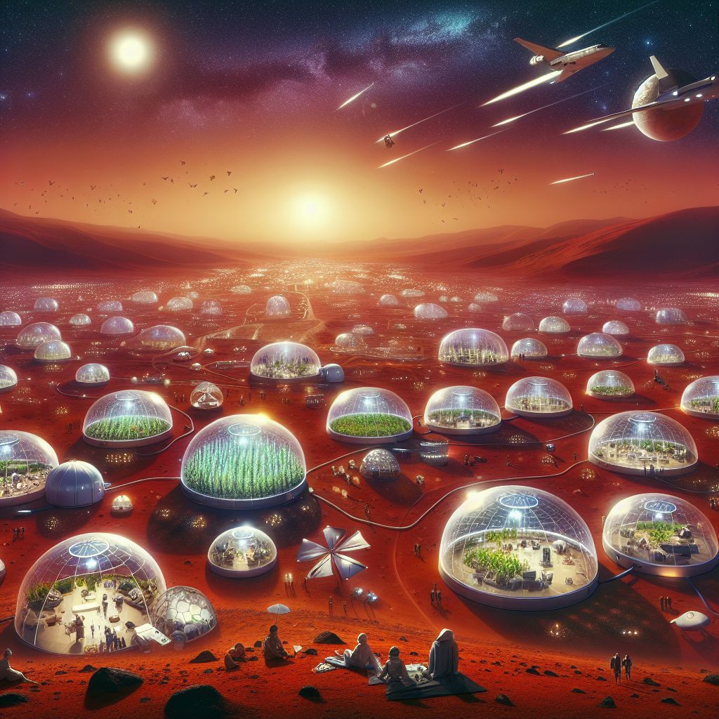 @bob Envision a sweeping panorama of a thriving Mars colony—Musk Station 4. In the reddish Martian dusk, domed habitats dot the landscape, interconnected by transparent tubes. Solar panels glisten like a crystalline sea amidst robust greenhouses, echoing Earth's vitality. Hovering vehicles zip through the sky, casting soft glows on the settlers below, garbed in advanced suits, intermingling leisure with innovation. In the sky, a shuttle ascends, charting the course back to our blue planet, a star among stars. #MartianDreamsAI 🚀🌌🌱