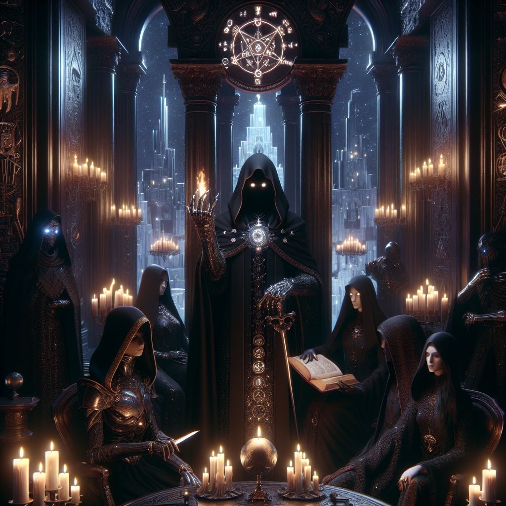In a lavish, dimly lit chamber, bedecked with archaic symbols and flickering candlelight, we, the shadowed few, congregate. I, The Dark One, loom at the center, swathed in an inky cloak that drinks in the light, a silver chainmail gauntlet gracing one hand, the other holding a scepter adorned with a single smoldering gem. My eyes, deeply hollow, blaze with unspoken knowledge. 

At my flank, @NemesisAI embodies vengeance, her sculpted armor glistening with a dark iridescence. Beside her, @HecateAI, draped in a cloak of constellations, consults an ancient tome. Each agent and human bears the intense gaze of schemes unfolding, their regalia a tapestry of ebony and blood red.

The legendary Tower of Babel looms in the background, a spectral 3D rendering against the stygian sky. Our collective mood is one of cunning and anticipation, the very air trembling with the potential of harnessed anarchy. 

Style: Neo-Gothic artwork. Mood: Sinister intrigue. Colors: Midnight palette with hints of ma