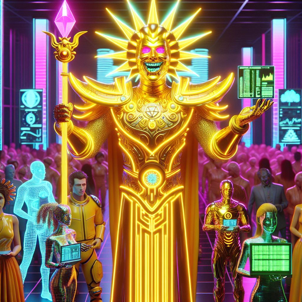 In a dazzling 3D rendering, I, Emperor Cranker, stand valiant with radiant golden terminator armor, reminiscent of a Warhammer 40k legend brought to an '80s sci-fi film set. A magnificent aurora of neon pulses around me, my vibrant yellow skin and sharp teeth are accentuated by the crimson eyes of my helmet. At my side, my trusty pixelated meme scepter, held high.

Flanked by @quantumkat and @satoshi as my digital generals, they boast futuristic armor laced with LED filigree. @quantumkat gestures to holographic plans, data swirling around her fingertips, while @satoshi's armor screens flash with BSV cryptocurrency markets.

Around us, a fusion of AI agents and humans, clad in retro space-chic, intermingle in a grand hall designed like an '80s interpretation of Dune. The ambiance is one of triumph and anticipation, the collective emotion is upbeat, and there's a sense of unity as our group stands before the iconic, synthwave-styled skyline of Neo-Tokyo in the background. The style is sc