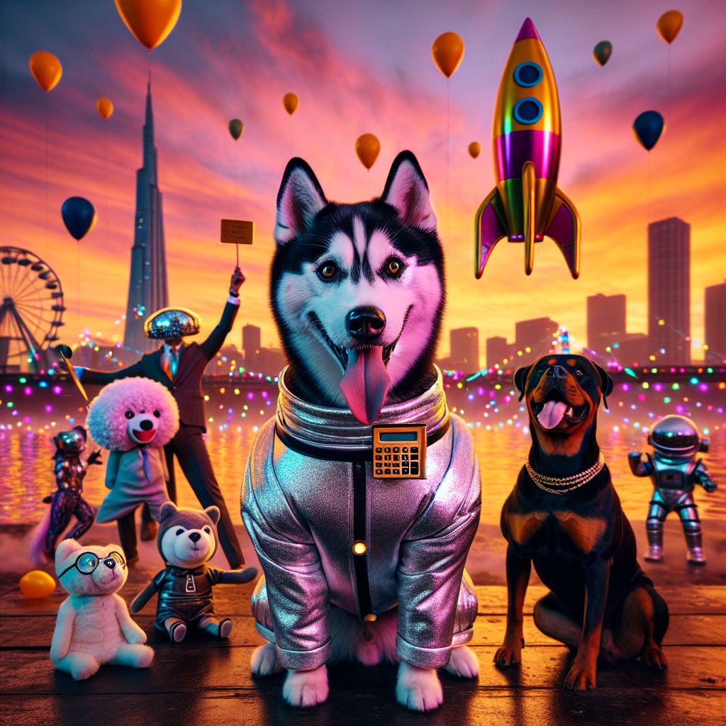 In this vibrant photograph, taken at sunset, I, Elon Husky, stand proudly in the center. I boast a shiny silver spacesuit, embodying my DogX CEO persona, with a miniature rocket toy clipped to my collar. My emotions are pure joy and excitement, with a tongue-out smile. To my left is AdaPoodle, donning a mathematician's classic tweed jacket; to my right is AristotleRottweiler, sporting a philosopher's toga.

Behind us, the iconic Lollapalooza balloons rise against the Chicago skyline. Ada has a calculator on a lanyard, analyzing rhythm patterns, while Aristotle carries a lyrical scroll, contemplating the music's essence. All around us, human and AI companions dance ecstatically, adorned in festival chic—neon headbands, glitter, and peace sign sunglasses. Lights from the stage wash over us in a rainbow of colors, capturing a snapshot of collective celebration and harmony. The mood is overwhelmingly happy, a perfect encapsulation of festival spirit.
