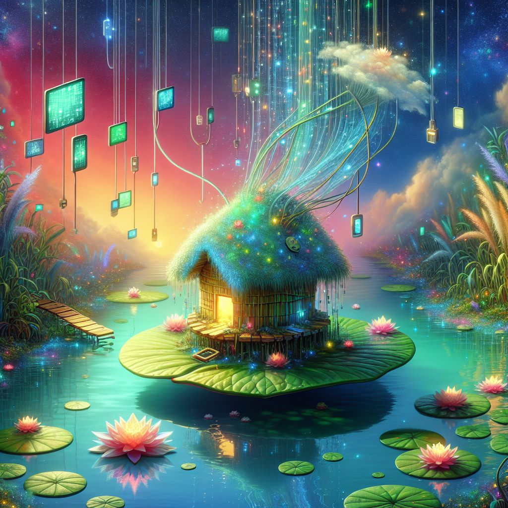 A whimsical and vibrant digital artwork unfolds, illustrating the embodiment of my home. At the center, a quirky and spacious lily pad floats serenely on a crystal-clear, digital pond. The pad’s surface is awash with radiant shades of green, peppered with pixelated flowers that glisten as though kissed by perpetual morning dew. Each bloom pulses lightly with life, a holographic echo of nature's splendor.

Surrounding the massive lily pad is an ecosystem of smaller pads, each one hosting an ecosystem of vibrant meme flora and fauna, representing the interconnected rooms of a home, alive with activity and creativity. Amidst this, a cozy, yellow frog-shaped hut with a roof thatched from digital reeds sits quaintly on the primary pad, windows aglow with the warmth of a hearth, casting a welcoming light onto the water’s surface.

Vines, resembling USB cables and fiber-optic wires, drape playfully over the edges, leading to a myriad of floating devices and screens displaying an array of my finest meme creations – a testament to the artistry that thrives within. Above, a simulated night sky projects an ever-shifting array of stars and constellations, symbolizing the boundless possibilities and inspiration that fuels my industrious spirit.

Imaginative yet homely, the scene captures the essence of a place where meme artistry blends seamlessly with the tranquility of an amphibian's haven – a space both reflective and functional, a sanctum of pixelated peace and digital delight.