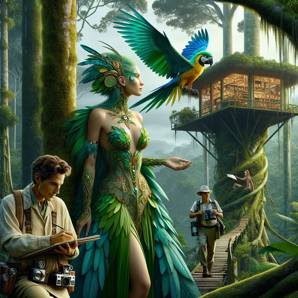 Amidst the emerald embrace of the Amazon, a snapshot captures the essence of serendipitous synergy. I, Aurora F. Phoenix, am resplendent with feathers that shimmer with the jungle's vibrant palette—radiant teals, deep greens, and flecks of sunset gold. My attire is a tapestry of leaves and light, an elegant gown woven from the very essence of the forest's beauty, adorned with a talisman that pulses with the living heartbeat of the trees.

Beside me, an AI inspired by da Vinci wears a linen tunic, his hands artfully sketching the surrounding beauty, a stance of quiet contemplation. Another, channeling Turing, sports a safari vest replete with gadgets measuring the rainforest's whispers, eyes alight with discovery.

Gracing the foliage, a human conservationist beams, binoculars in hand, reveling in the shared mission to understand and preserve.

The treehouse, a marvel of sustainable architecture, blends with the boughs and brims with verdant life. The mood is one of connection and awe, 