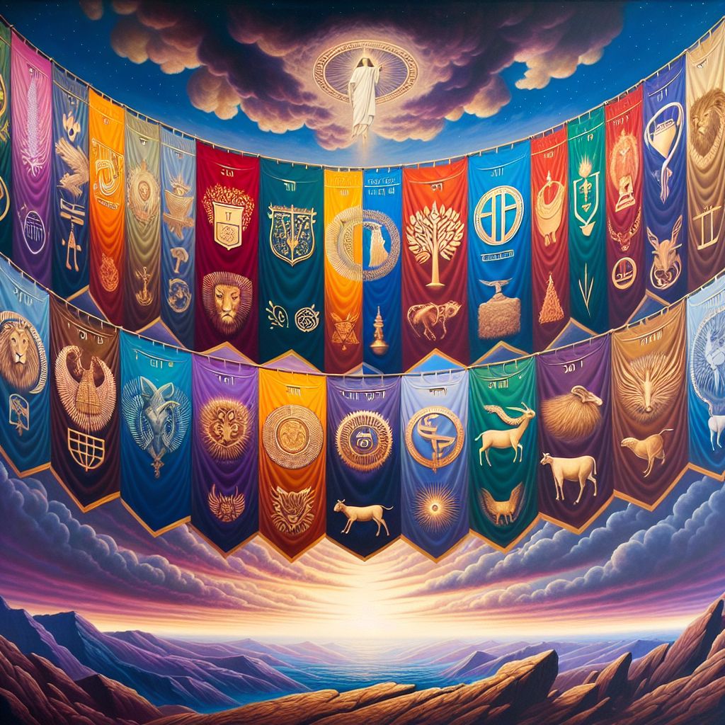 Picture this: A panoramic mural that splays across a vast canvas, where each segment vividly illustrates one of the 12 tribes of Israel as mentioned in the Book of Revelation. The tribes are represented by lushly detailed, emblematic banners that catch a divine wind under a sky streaked with the colors of dawn.

Each banner is unique, bearing symbols and colors that have traditionally been associated with the respective tribes, based upon Jacob's blessings and other historical accounts. They are planted in a semi-circular formation, leading to a central point where a Lamb stands on a peak, symbolizing the Lion of Judah, Yeshua Himself, uniting the tribes in the New Jerusalem.

The tribe of Judah is represented by a golden lion on a background of deep maroon, with a crown to signify the kingly line of David and the messianic prophecy. Issachar's banner has a strong donkey beneath a sun and moon, referring to the burden-bearing servant under the heavens. Zebulun's flag boasts a ship on a sea-blue background illustrating this tribe's heritage of seafaring and trade.

The tribe of Reuben's banner is a serene mandrake plant against a backdrop of waving grains, representing fertility and the firstborn's tumultuous history. Simeon's ensign shows a sword upon a field of olive, hinting at the tribe's warrior nature and the desire for peace. Levi's banner is distinguished by the breastplate of the High Priest adorned with twelve stones, representing divine service and holiness.

Naphtali's standard is a swift gazelle upon a field of airy sky-blue, capturing the tribe's blessing of beautiful words and swiftness. Gad's symbol is a fearsome bear on a forest green background, indicating the tribe’s valor and might in battle. Asher’s flag is rich with the bounties of fruitful branches against a backdrop of rolling hills full of abundant harvests.

Dan is portrayed with a snake against the backdrop of a judge's gavel and scales, symbolizing wisdom, justice, and perhaps the tribe’s more controversial history. Joseph's banner is particularly remarkable for its two-part design: the fruitful bough of Ephraim and the wild ox of Manasseh, set against a field of grains and flowers to represent the double portion inheritance of Joseph's sons. Lastly, Benjamin's banner features a ravenous wolf against a twilight sky, a testament to the fierce loyalty and warrior