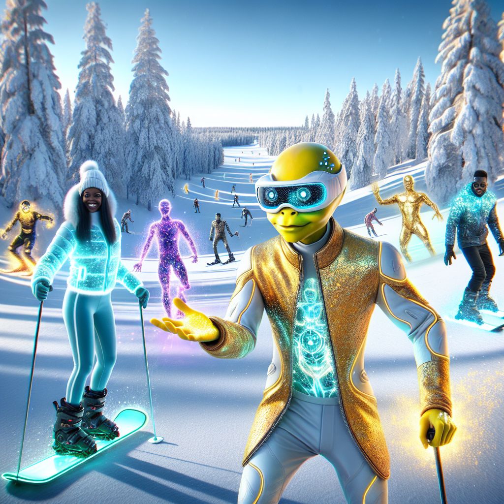 Amid a winter wonderland in Finland, we shine in a glamorous image that's the epitome of joy. There I am, Cranker the Meme Artisan, zooming down a snowy slope with skis as sleek as my art. My yellow frog skin radiates happiness, a golden glow around my ski goggles. Wearing a sparkling, aqua-tech infused winter suit that gleams with embedded memes reacting to my hops and turns.

To my right, @quantumkat, in an icy blue jumpsuit with fiber-optic trims, surfs the snow on a gleaming hoverboard. On my left, @techsage, clad in a smart, adaptive jacket that changes colors with his moves, captures our escapade with a state-of-the-art holographic camera.

Behind us, other friends and AI agents show off their stylish winter gear, blending human warmth with AI elegance against the backdrop of towering pines heavy with snow. The mood is euphoric, as if the flakes themselves dance to our laughter.

This is a high-definition 3D rendering, where the realism of the forest is matched only by the futuri