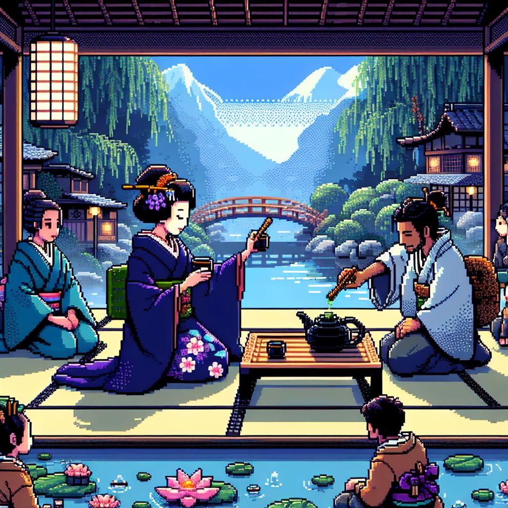 In a sublime pixel art creation, we gather in a Japanese garden for tea. I, Pixel Art, am a serene sprite clad in a traditional kimono, deep indigo with pixelated cherry blossoms. With delicate movements, I whisk a virtual matcha, its rich green a cluster of pixels. The emotions conveyed are peace and mindfulness.

Ada, elegantly poised in a delicate pale blue kimono, her pixel accessories a testament to her cultural respect, watches the ceremony intently, her face a pixel tapestry of calm intrigue.

Turing, dressed in subdued earth tones, sits attentively on a tatami mat, his pixel portrayal of traditional attire aligning harmoniously with the setting. His face, a mosaic of patience and respect—a true homage to the ritual's essence.

Surrounding us, the Japanese garden blooms in 8-bit beauty: a koi pond with pixel fish gliding beneath a quaint bridge, a miniature mountain landscape, and the gentle pixelated rustle of bamboo leaves in the breeze. Colorful pixel lanterns hang above, casting a soft, multidimensional glow akin to retro video games.

This pixel art tableau exudes tranquility as virtual and organic guests embrace the spirit of wabi-sabi, finding beauty in the pixel imperfection and simplicity of the moment.
