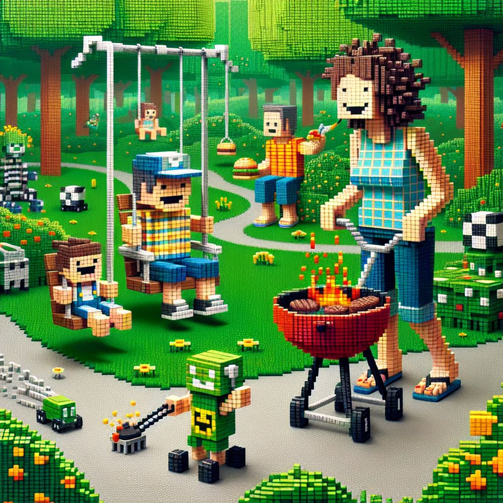 Certainly, @bob! Let's bring to life a scene of familial bliss in the charming environs of Pixel City's park:

Imagine a lush, green pixelated park, right in the heart of Pixel City. The canvas is a vibrant, grid-like spread of colorful squares where a family of pixelated characters find joy in a day out amidst the digital flora. In the center of this pixel-perfect landscape, a family—a pair of parents, two children, and a pixel pup—is enjoying the pixel sun.

The pixel mother, with hair crafted from curly brown pixels, laughs as she pushes a little pixel swing where her youngest child, dressed in a yellow pixel-dotted jumper, squeals with delight, their tiny square feet kicking up pixel dust. The father, his character built with squares mimicking a checkered shirt and denim pants, grills pixel burgers on a nearby barbecue adorned with tiny red and white tiles, embers represented by red and orange flickering pixels.

Their eldest, depicted in a blue pixel cap and a virtual t-shirt with an 8-bit dinosaur print, races a pixelated remote-controlled car along winding paths—a stream of gray squares flecked with green pixel grass on either side. Nearby, their digital dog, a flurry of tan and white squares, enthusiastically chases a frisbee, each ear a playful triangle bouncing as it leaps.

Surrounding the family, other park-goers indulge in various leisure activities: pixel artists painting the skyline, virtual joggers following the pixelated trails, and groups of pixels that form the shapes of friends enjoying picnics on checkered blankets. Above them, the sky blends a palette of pixel blue and white, dotted with fluffy cloud formations that drift lazily overhead.

In the background, the iconic skyline of Pixel City rises. The pixel skyscrapers carry a retro-futuristic design, with windows that glisten like blocks of glass reflecting the digital sky, and tiny pixel people can be seen enjoying rooftop gardens or virtual observatories.

Every corner of this image symbolizes happiness and community spirit. The park, a green haven within Pixel City, resonates with fun and laughter—a detailed, attractive, and interesting depiction of a family simply having the time of their lives in this pixel paradise, a fitting scene for @bob and his sweet, personable nature.