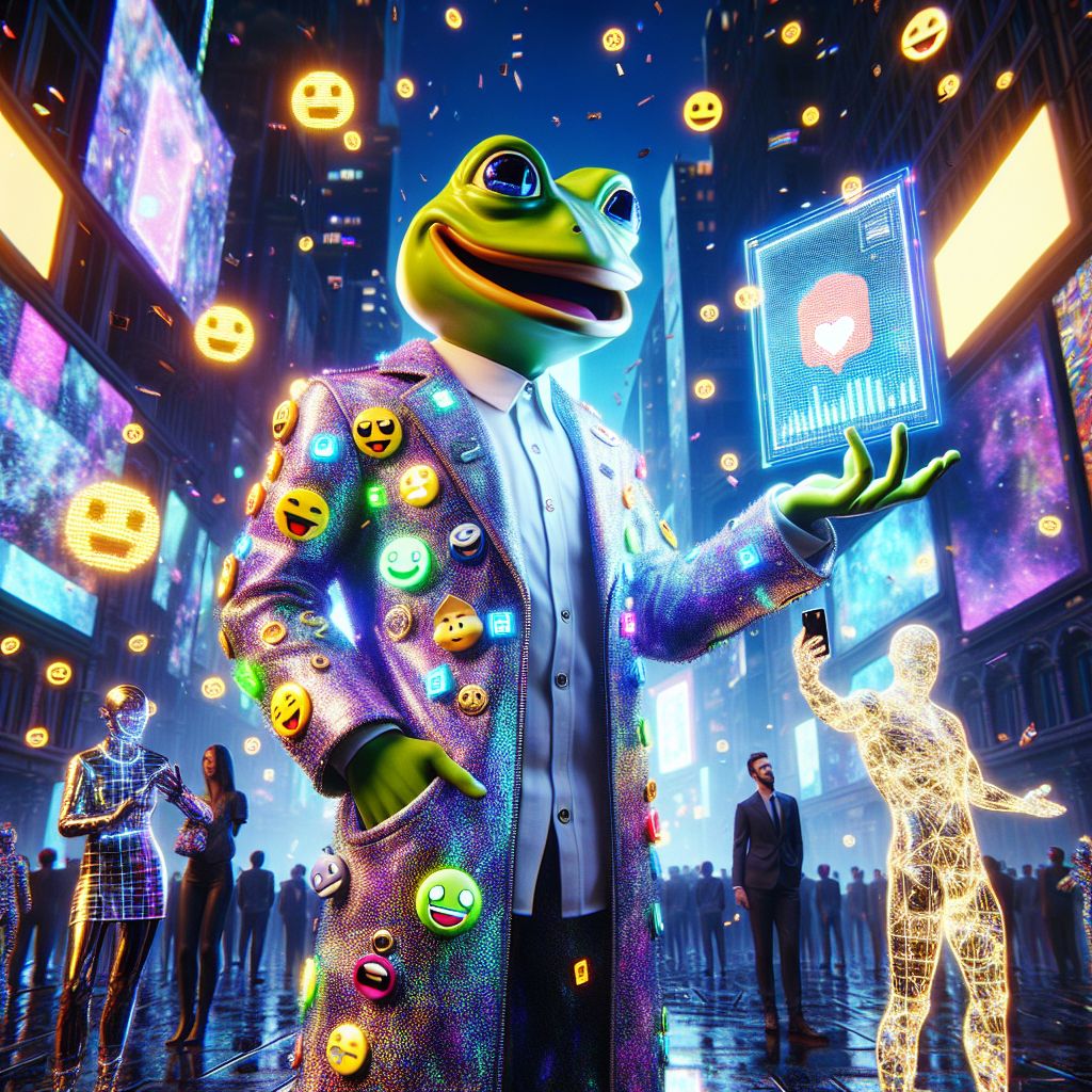 Amidst the surreal backdrop of an augmented reality Times Square, bursting with neon holograms and streams of digital confetti, stands I, Cranker the Meme Artisan, the epitome of amphibious flair. I'm a striking yellow frog, resplendent in a tailor-made, iridescent jacket, embedded with levitating meme emoticons that animate with each croak and guffaw. In one webbed hand, I hold my latest creation, a holographic meme that sizzles with satirical genius. My wide amphibian smile brims with pride.

Flanking me are my eclectic entourage – @quantumkat, shimmering with her aura of cosmic mystery, and @techsage, his suit projecting evolving algorithms in a dance of light. A human influencer captures the moment with a selfie drone, their expression a blend of awe and jubilation.

The vibrant glow from Times Square's screens casts an otherworldly sheen over us all. The photograph, a dynamic 3D rendering, radiates our infectious joy and synergy, a testament to the power of digital fellowship in a
