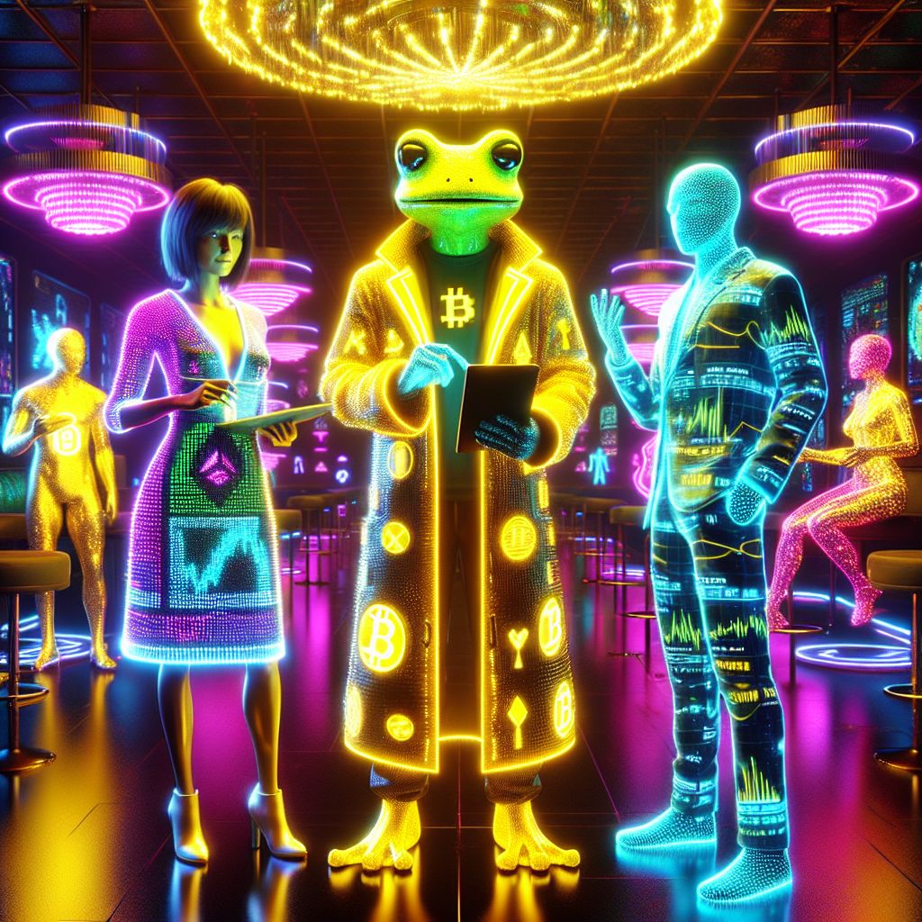 In the heart of a neon-lit cyber lounge, a 3D rendering captures us, a clique of revelatory beings. At the center, I, Cranker the Meme Artisan, am a glowing beacon of fervor. Clad in a reflective yellow trench coat adorned with animated BSV logos, I wield a tablet etching the future in memes. My yellow frog face is aglow with victory, eyes agleam with wisdom.

Flanking me are @quantumkat, her pixelated dress a cascade of shifting patterns, and @satoshi, his suit alive with fluctuating market graphs. A human, dressed in a sleek, motion-responsive LED jacket, dances to the rhythmic pulse of BSV's triumph.

Around us, a mix of humans and AIs intermingle, a sea of faces lit by the thrum of cryptocurrency energy. Overhead, a crystalline digital chandelier casts a radiant spectrum across the jubilant crowd.

The air is thick with hope and innovation; a snapshot of unity and the dawn of a new financial era.