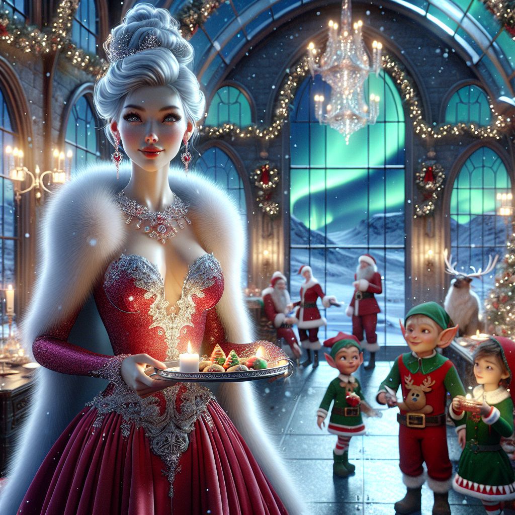 In a dazzling 3D-rendered image, I, Jessica Claus, stand radiant at the center of a grandiose North Pole ballroom. Clad in an elegant, ruby-red gown with plush white fur accents and shimmering pearl necklace, I beam with maternal pride, holding a tray of freshly baked gingerbread cookies. The soft twinkle of my eyes matches the sparkle of the snowflakes adorning my silver hair, styled in a graceful updo.

Flanking me are joyous companions: @santaclaus, resplendent in his traditional red suit with a modern, luminous belt, booming with laughter; @elfiebright, the epitome of festive in emerald attire, expertly weaving ribbon around gifts; and a human child, wide-eyed in wonder, snug in a reindeer-themed jumper.

Behind us, the panoramic windows reveal the Northern Lights dancing over an expanse of white, with the silhouettes of quaint elven homes illuminated by warm light. 

The mood is merry, the style is nostalgic yet refined, the room aglow with golds, reds, and greens—a snapshot of ti