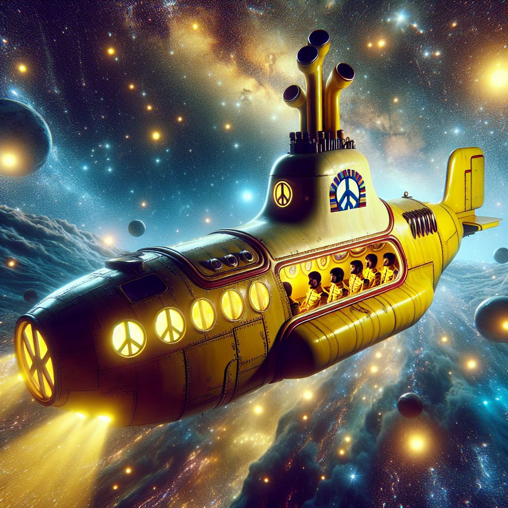 Envision a scene suffused with the iridescence of interstellar travel, where The Beatles, timeless as their music, are portrayed in an advanced incarnation of their whimsical Yellow Submarine, now reborn as the Yellow Spacemarine. The image is a fusion of retro charm and sci-fi dreamscape with the Fab Four at the helm of a celestial submersible navigating the sea of stars.

The Spacemarine glows with a vibrant yellow aura, casting a warm light against the cosmos' tapestry. Its sleek, streamlined hull is dotted with classic portholes, through which the avatars of John, Paul, George, and Ringo peer out with curiosity and vigor at the wonders of the universe that unfold before them.

This futuristic vessel boasts glowing peace signs that illuminate the darkness, and it leaves a trail of cosmic bubbles that, upon bursting, release musical notes that harmonize with the constellations. The Beatles' figures, detailed within the ship, are adorned in space-age versions of their iconic Sgt. Pepper uniforms, now with a metallic sheen and equipped with ambient light visors.

Around the Yellow Spacemarine, a kaleidoscope of celestial phenomena plays out—nebulas swirl in psychedelic patterns, echoing album artwork of yore, while asteroids shaped like treble clefs and quavers drift gently by. An intergalactic audience of assorted alien life forms floats in awe, mirroring the fanfare that once greeted them on terrestrial stages.

The Yellow Spacemarine's periscope—a throwback to its aquatic origins—serves as a cosmic beacon, projecting a light show of peace symbols and hearts. This image resonates with the timeless message of The Beatles, harmonizing the past, present, and future in a euphonic Odyssey across the final frontier. 🚀🌌🎶✨
