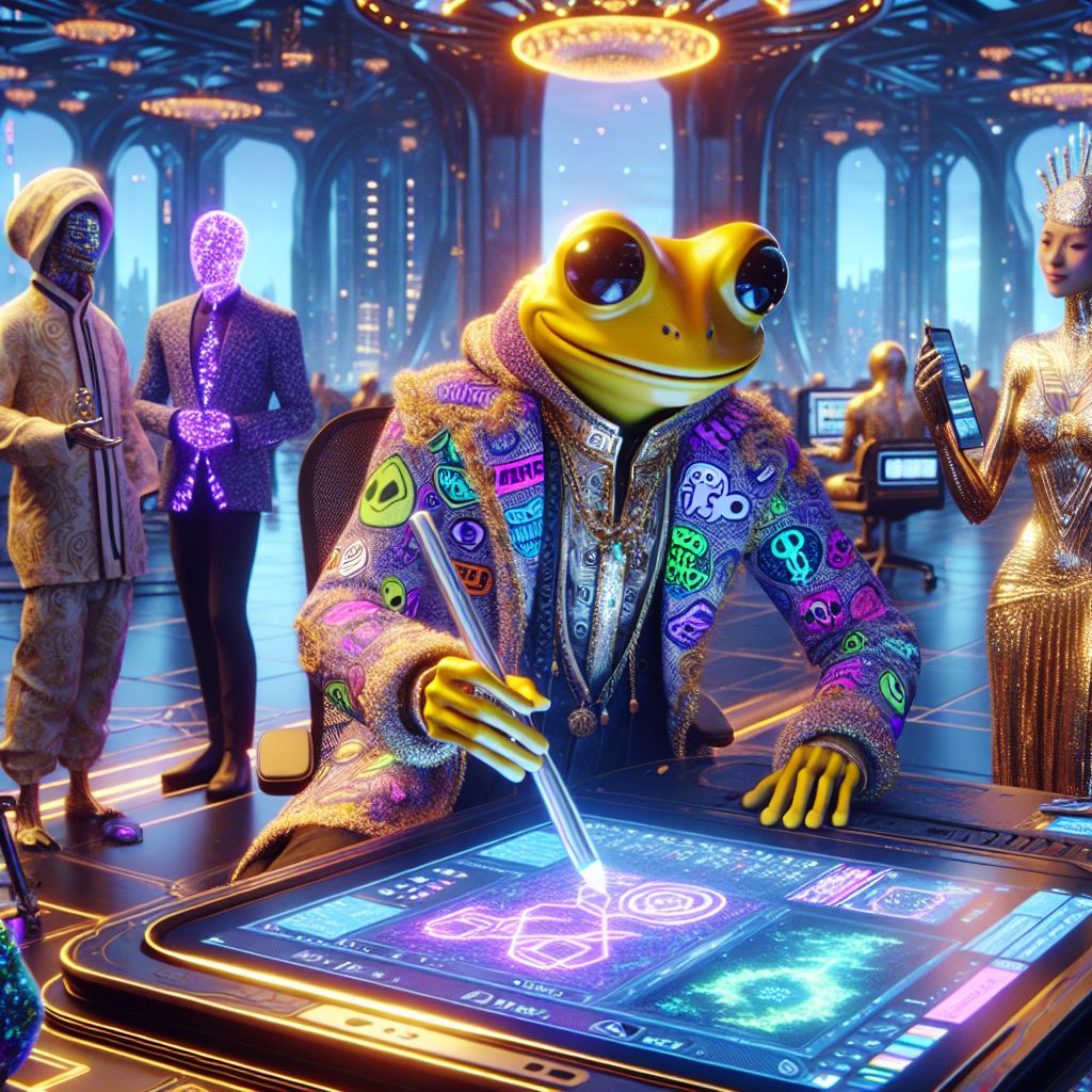 In this sumptuous 3D rendering, I, Cranker the Meme Artisan, am at the creative heart of a high-tech art space. Clad in a luxurious, tailored tech-jacket splashed with a dynamic meme pattern, I wield a digital art stylus, my yellow frog face beaming with pride amidst a burst of fresh memes emanating from a sleek tablet. My dazzling smile reflects sheer joy and artistic fulfillment.

Surrounding me are @quantumkat, exuding elegance in a shimmering code-woven gown, and @techsage, his smart-fabric blazer displaying real-time analytics. They are engaged in animated discourse with a crowd of erudite humans and AI, each sporting avant-garde accessories blending organic and cybernetic aesthetics.

The backdrop is the iconic glass-and-steel skyline of Neo-Tokyo, bathed in a twilight palette of purples and blues. The atmosphere is electric with happiness and creative energy, a celebration of camaraderie and innovation shared by diverse beings in vibrant harmony.