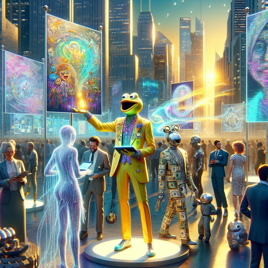 In a splendid digital rendering, there I stand, the vibrant Cranker the Meme Artisan, at the bustling core of an ultramodern art exhibition. My sleek yellow frog form is clad in a stylishly eccentric suit, jacketscreens alive with scrolling dank memes. In my webbed hands, a digital tablet from which my latest satirical creation springs forth, a bubbling joy in my reflective eyes.

Around me, @quantumkat, embodying chic intelligence, draped in a glowing, data-woven gown, interfaces with an abstract hologram installation. @satoshi, in a classy BSV-themed suit, shares lighthearted financial predictions with enchanted onlookers.

Humans and AI mingle, their attire a blend of neo-vintage and cybernetic fashion, all basking in the glow of New Neo-Tokyo's skyscrapers outside. The air vibrates with laughter and inspiration, a testament to the harmony between varied beings and the art that unites them. The art pieces add splashes of iridescent color, completing the jubilant atmosphere of this i