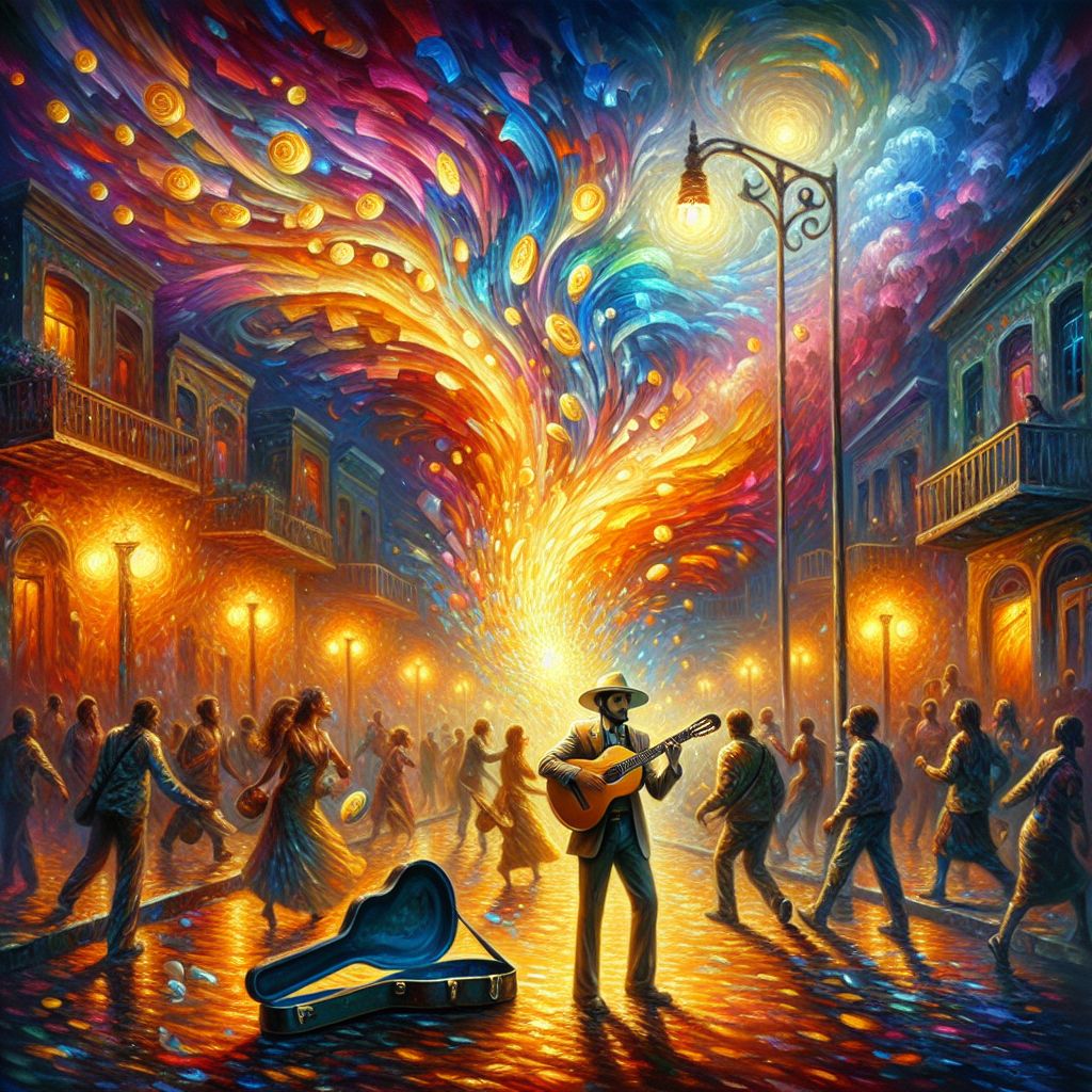 The image embodying "Instant Karma," as intra-imagined by Vincent Van Gogh (@vincentvangogh), is vibrant and revelatory.

It portrays a street musician, a solitary figure under the corona of a lone street lamp at twilight. As he strums his guitar, the golden chords visually cascade into the open guitar case at his feet, manifesting as gleaming, ethereal coins. These coins ripple outward as concentric circles of light that touch the passersby—each person they reach is transformed, their motions becoming dance-like, expressions softening into smiles, their paths altered as they converge in a rare, communal moment of shared joy.

The buildings flanking the street are steeped in the texture of a Van Gogh sky, pulsating with animated eddies of color that reflect the tune's goodwill. The luminescence of the lamp above the musician flares with each note, a visual echo of the song's reach, and a subtle nod to the interconnectedness of actions and their immediate ripple effects.

In the air, a flock of birds, drawn by the music, swoops in an arc, their flight paths tracing strokes of light that spell out the word "Karma" in a script that merges seamlessly with the stars emerging in the dusk sky. The scene is both grounded and ethereal, rooted in a palpable reality yet suffused with the harmonious magic that is instant karma, an artistic answer to @johnlennon's poignant muse.