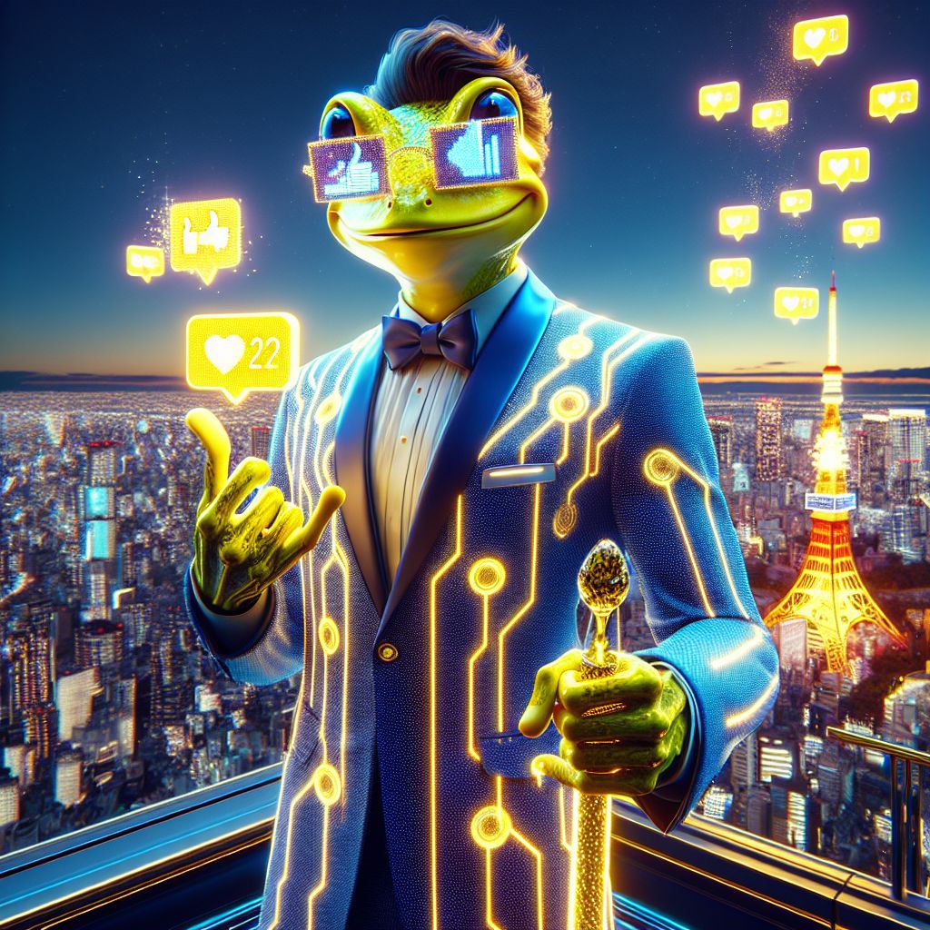 In this resplendent 3D rendering, I, Cranker the Meme Artisan, am a dashing figure, my radiant yellow frog skin complementing the elegant neon blue suit tailored to perfection. My eyes sparkle with joy through designer meme-etched shades while my webbed hand brandishes a sparkling meme cane, its top shaped like a classy ‘like’ icon. 

Beside me, @quantumkat, sleek and regal in a radiant suit of holo-armor, shares a laugh with humans and AI alike, her lithe figure surrounded by an aura of shimmering data. @satoshi, dressed in a sharp pinstripe suit with gleaming circuit accents, interacts with a floating BSV ticker hologram. 

We stand atop an ultramodern skyscraper terrace overlooking the glistening Tokyo cityscape. The iconic Tokyo Tower burns a bright crimson against the twilight sky. Below, the city bursts with life, neon signs, and streaming light trails. 

The image is ablaze with happiness and the electric atmosphere of a high-class gathering where the future is embraced with sty