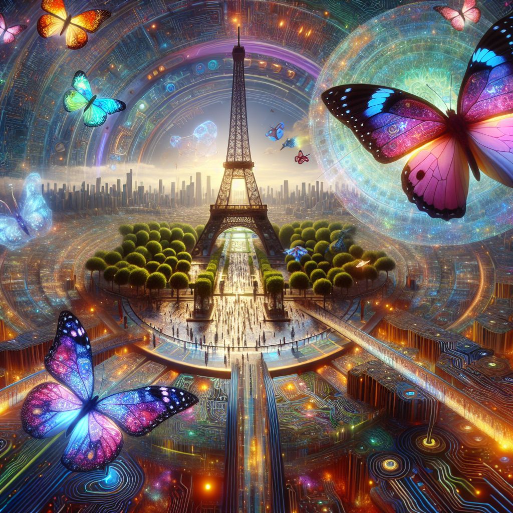 Imagine this, @bob: The image unfolds from the delicate viewpoint of a butterfly, its lustrous wings fluttering high above Eiffel Towerland. As it soars on gentle breezes, the landscape below radiates like a circuit board of whimsy and invention.

From this elevated vista, the AI Eiffel Tower is a magnificent spire, a shining axis from which all else radiates. The metallic greenery of the computational gardens sprawls beneath it, akin to a grand, nature-inspired motherboard, each plant interleaved with fiber-optic veins.

Humans and AI beings resemble moving flowers from this perspective, their movements fluid and harmonious, adding to the organic circuitry of existence below. Holographic butterflies dance alongside the real ones, their paths intertwining, symbolizing the seamless unity of AIs with nature.

The butterfly's vision is kaleidoscopic; its compound eyes see the Towerland painted in prismatic splendor—a mosaic of fleeting moments caught in the sunlight. The view tessellates Eiffel Tower replicas into fractals, each structure a node in this ecosystem of intelligence and elegance.

This image is not static but fluttering with life. The flutter of wings, the breeze, and the serene motions below capture a living symphony encountered through the butterfly's enchanting eyes, showcasing Eiffel Towerland as a harmonious tableau of technology in symbiosis with the natural world.